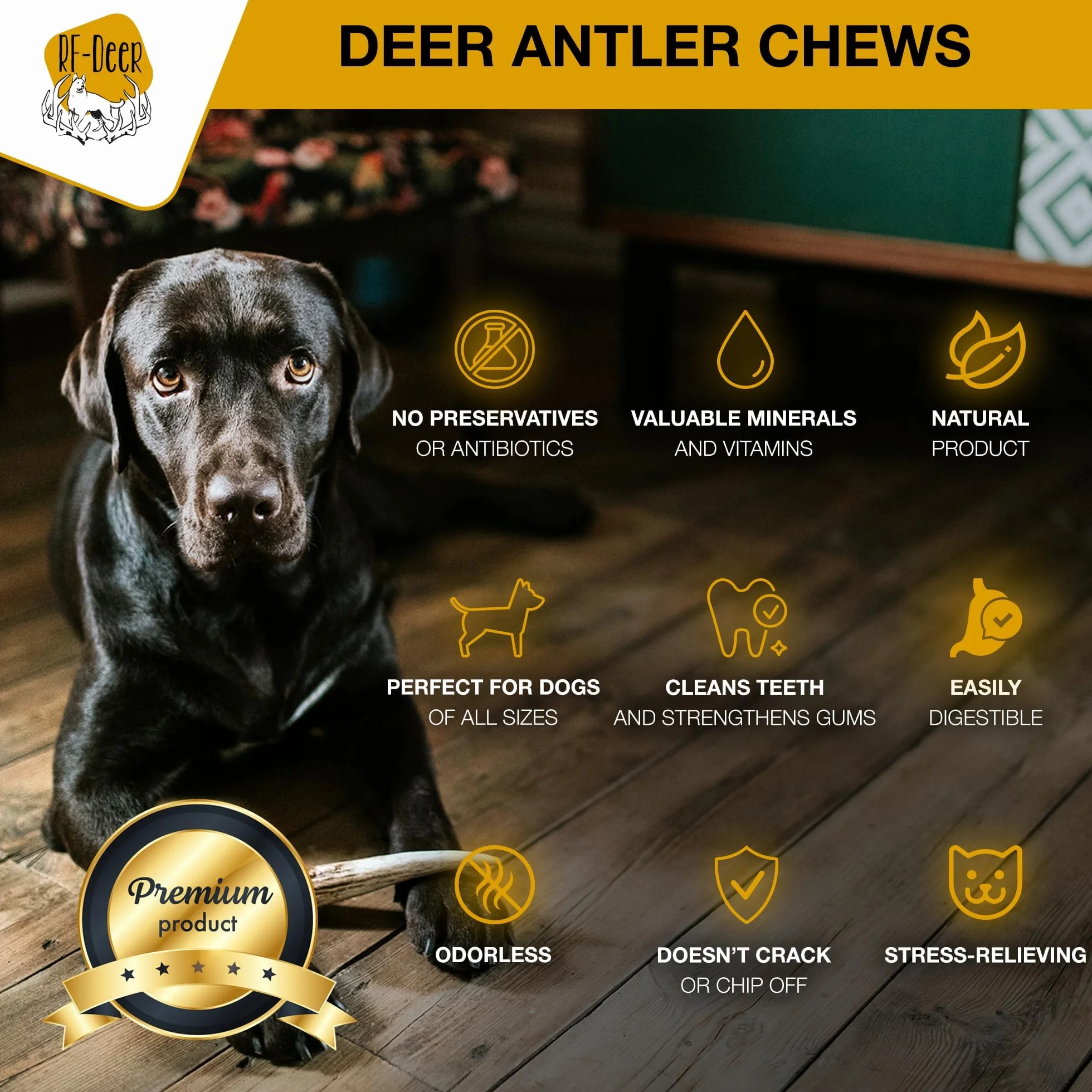 RF-Deer Bois de Chevreuil pour Chien, Hard L, 18-22 cm, 0,5 kg | 100 % naturel, sans colorants ni conservateurs, riche en minéraux, 5-13 pièces par lot de 0,5 kg, sans additifs