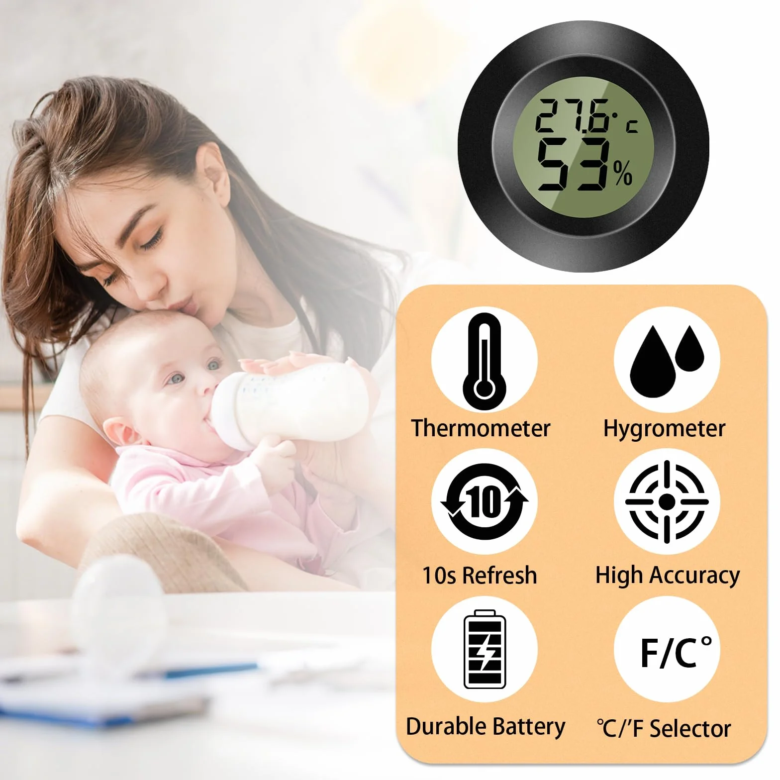 Lot de 5 thermomètres hygromètres numériques ronds, capteurs humidité et température, pour intérieur, serres, terrariums, valises de guitare, caves à cigares, incubateurs et verre