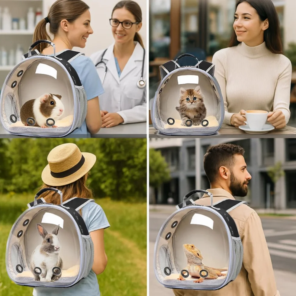 Sac à dos de transport respirant pour cochon d'Inde, lapin, lézard, hamster - Visites vétérinaires, plein air (noir)