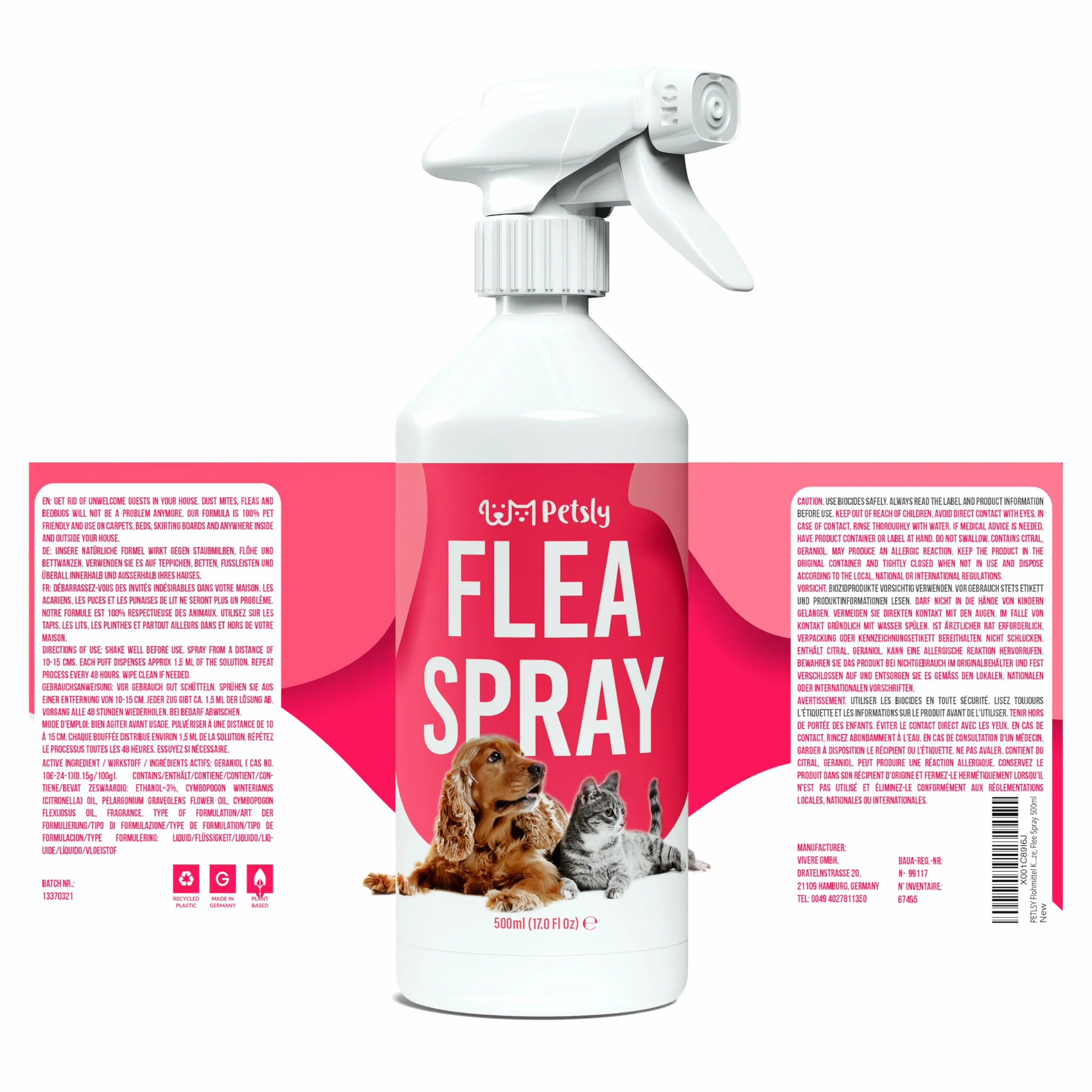 Petsly® Spray Anti Puces Chat & Chien 500ml Non Tachant Traitement Anti Puces Tiques Acariens Maison