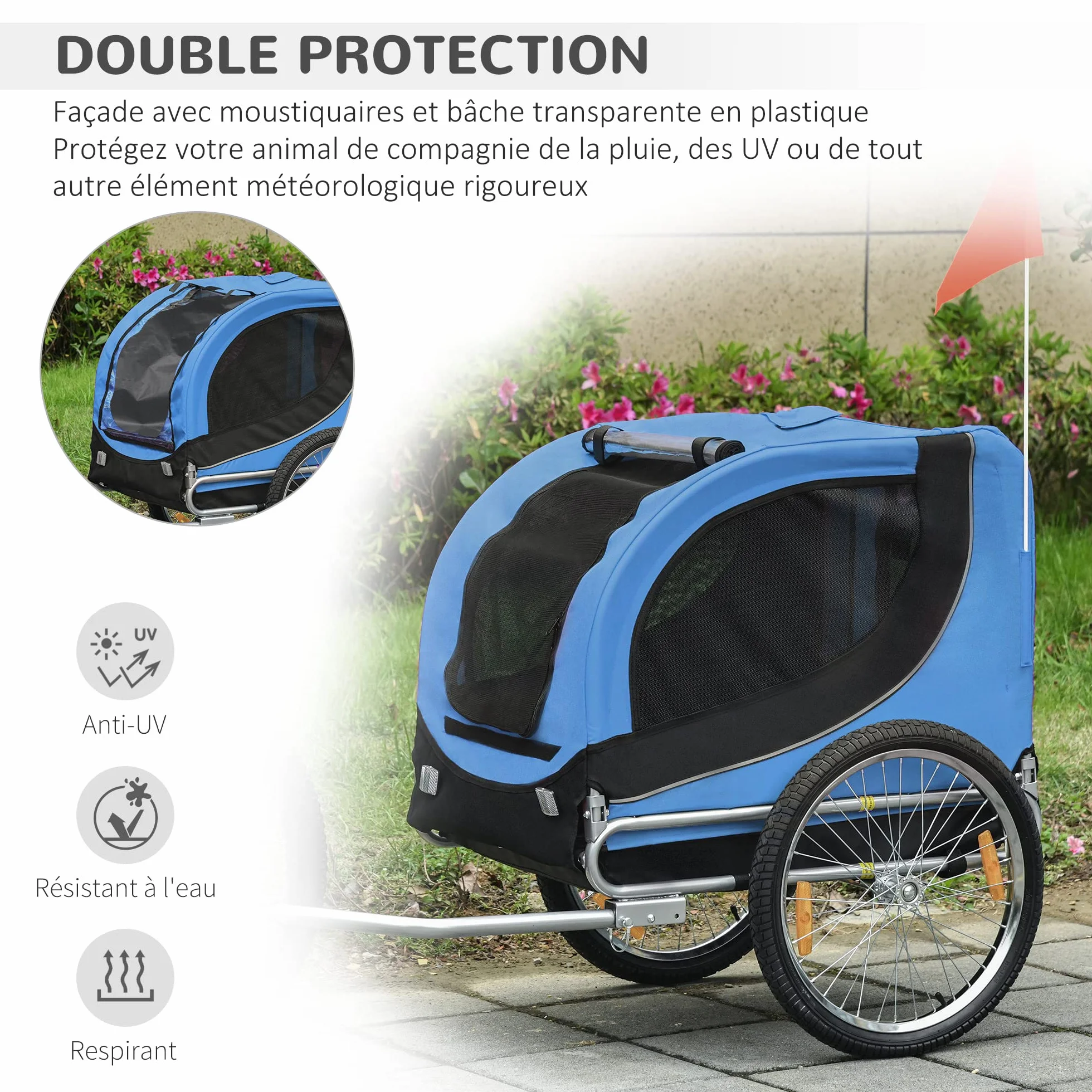 PawHut Remorque Velo pour Chien Animaux avec 8 Reflecteurs Drapeau Bleu Noir