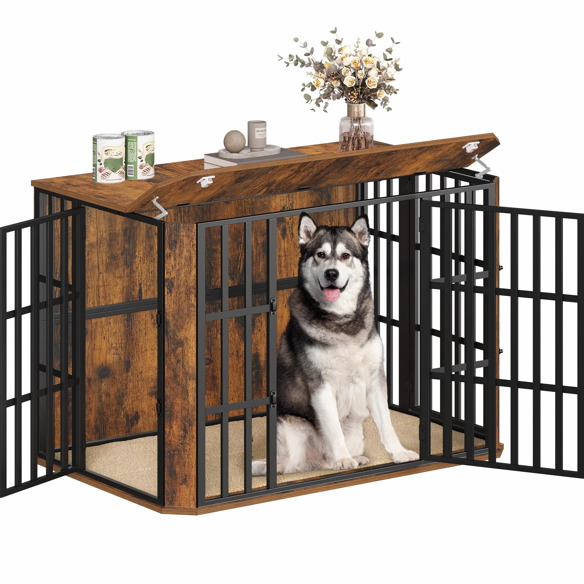 Cage pour Chien en Bois Hzuaneri, 120 x 75 x 81 cm, Marron Rustique, Multi-Portes