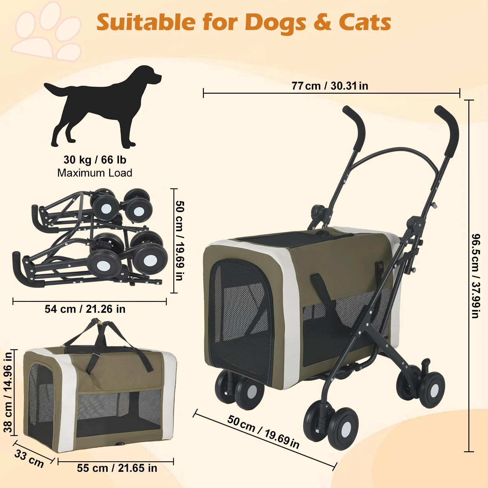 Poussette pour Chiens et Chats 30 kg 2 en 1 Pliable Transporteur