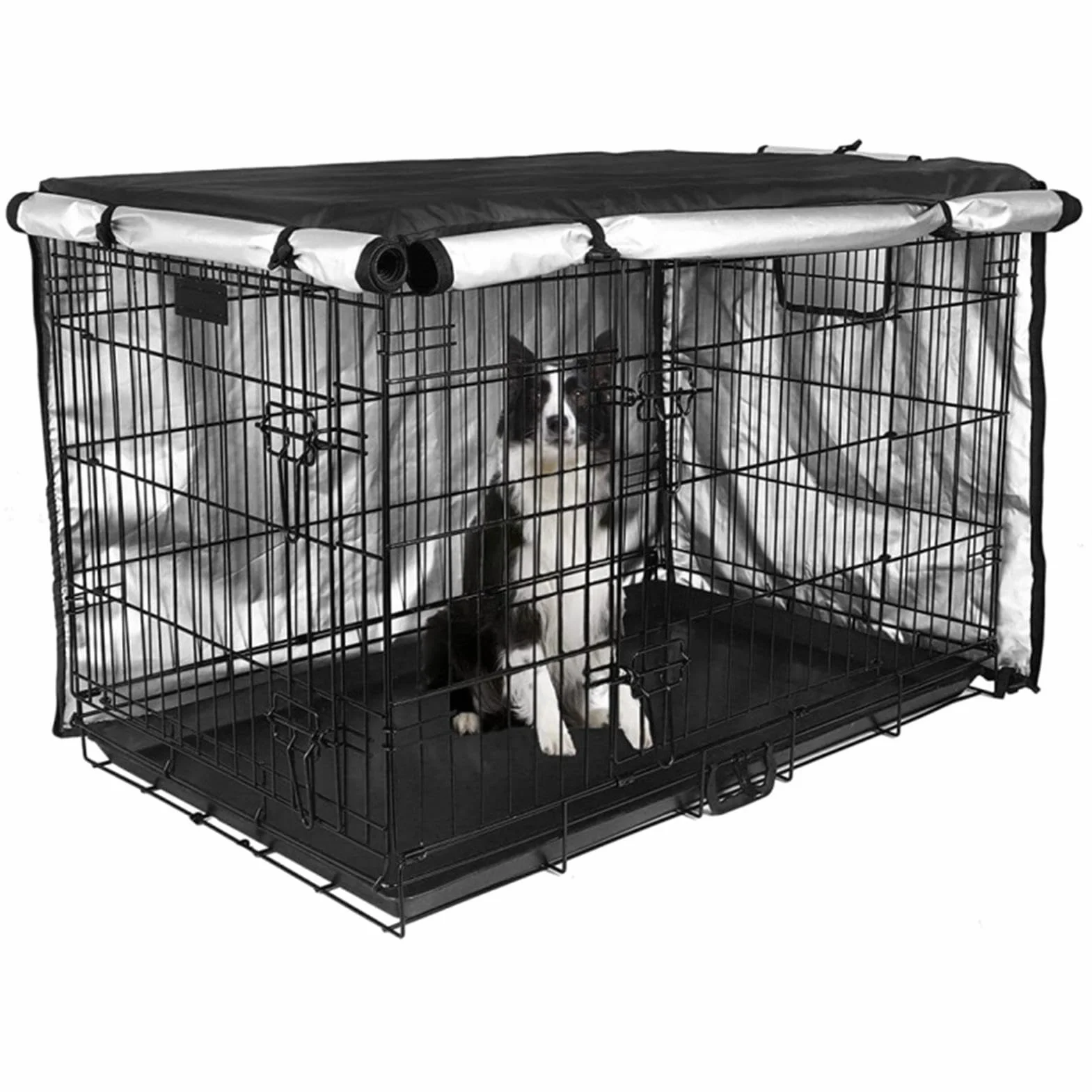 Housse de niche pour chien en tissu enduit d'argent double porte imperméable anti-UV avec fenêtre d'aération extérieur