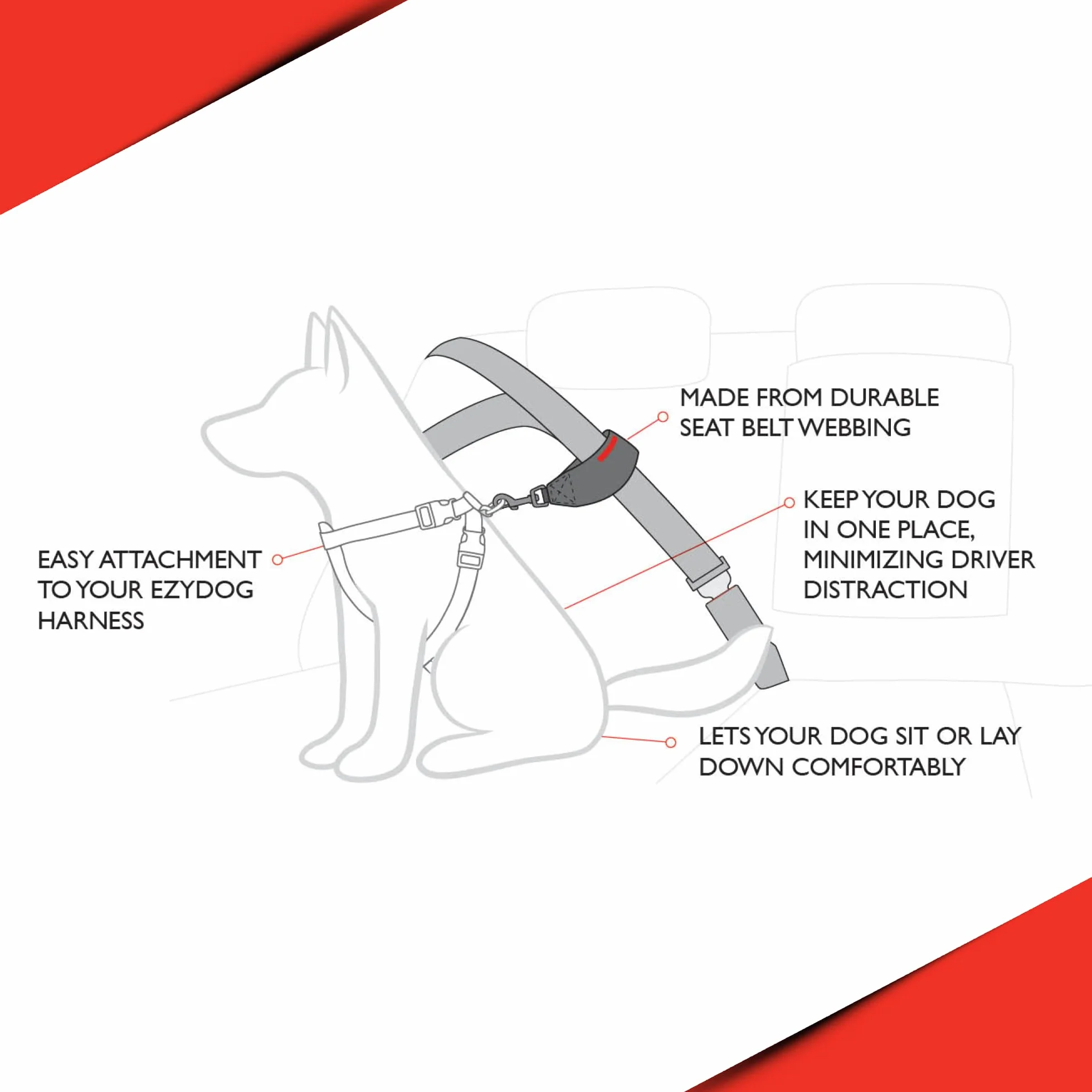 EzyDog Ceinture Chien Voiture – Attache Universelle pour Harnais, Ceinture de sécurité en Nylon Robuste pour Chien en Voiture (Noir)