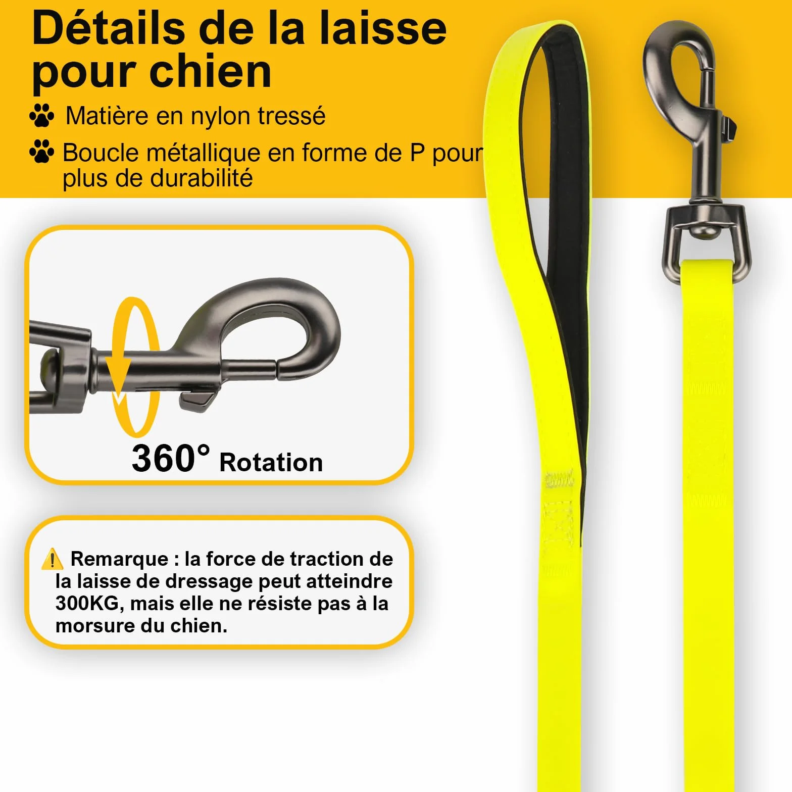 Longe pour Chien 15m avec Deux Poignées, Laisse de Dressage Solide, Sac de Rangement, Jaune-Vert
