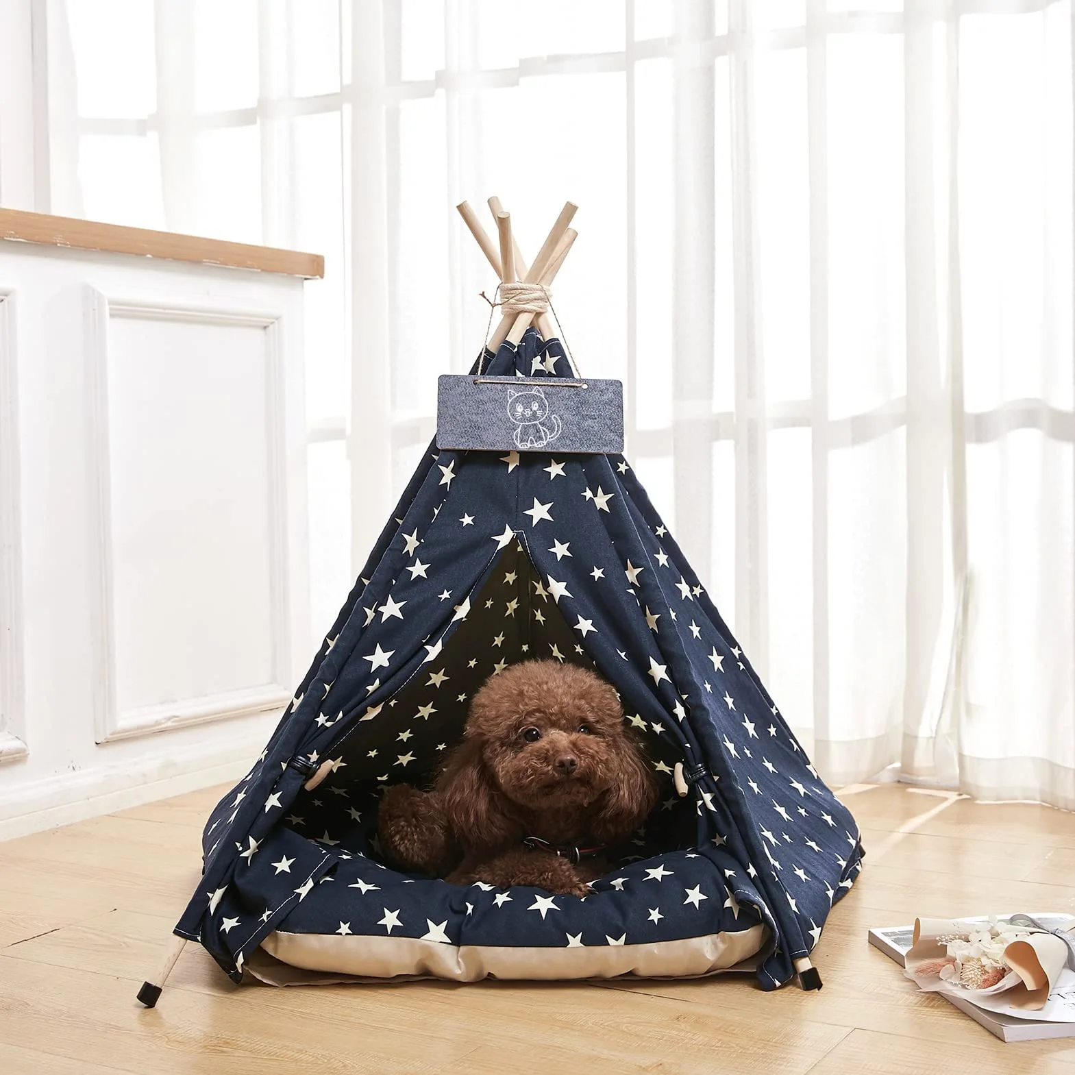 Tipi | Tente Animal de Compagnie de Moyen Taille -Lit Lavable pour Chien&Chats avec Oreillers - Tentes | Maisons pour Animaux avec Oreiller Épais et Tableau