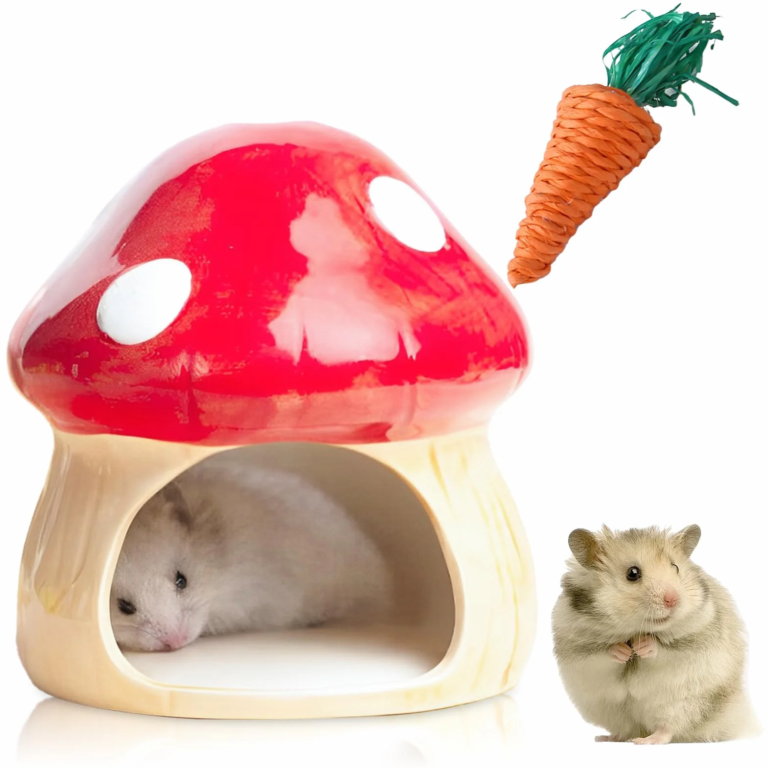 Maison en céramique pour hamster : cachette durable pour hamster, hamster et tunnel pour jouets dentaires en forme de champignon, grandes entrées pour gerbilles, souris, chinchillas (rouge)