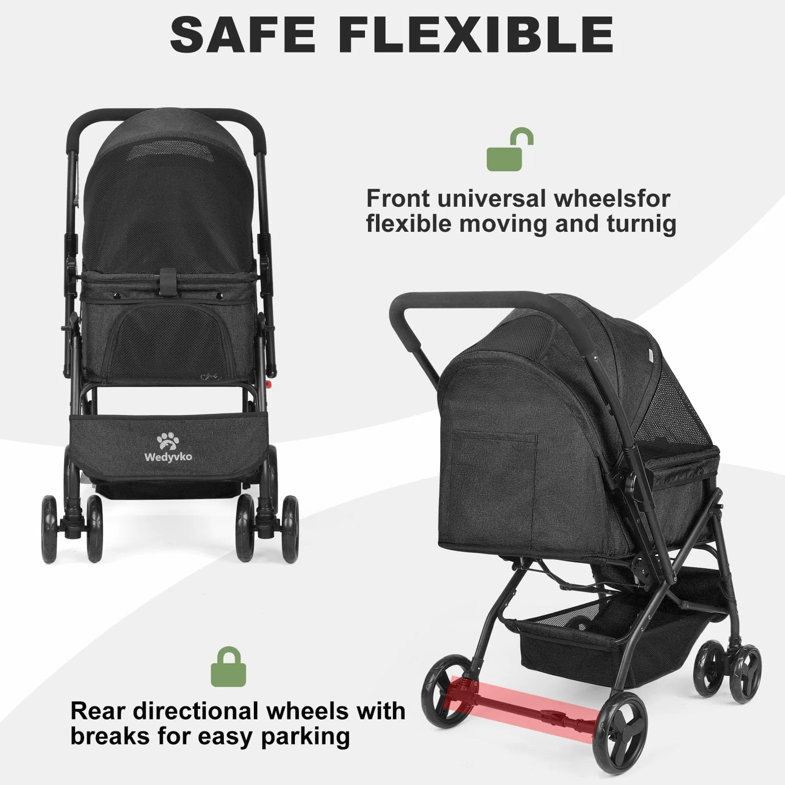 Poussette pliable pour animal de compagnie noir 4 roues avec panier de rangement et roue avant 360° frein