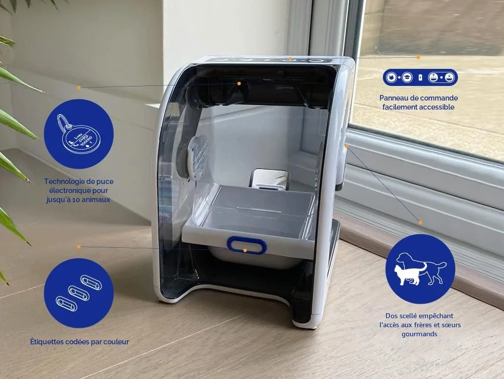 Closer Pets Mangeoire Automatique MiBowl Microchip, gamelle pour Chien Chat, Blanc Noir, 17,5x19,5x25cm