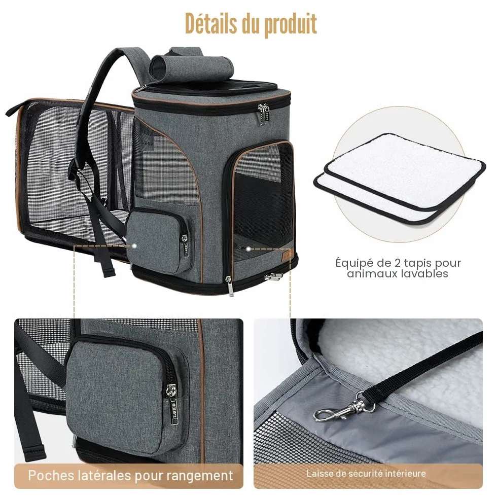 Lekesky Sac à dos, extensible, pour chat et petit chien, avec laisse de sécurité intérieure et 2 tapis pour animaux de compagnie, gris