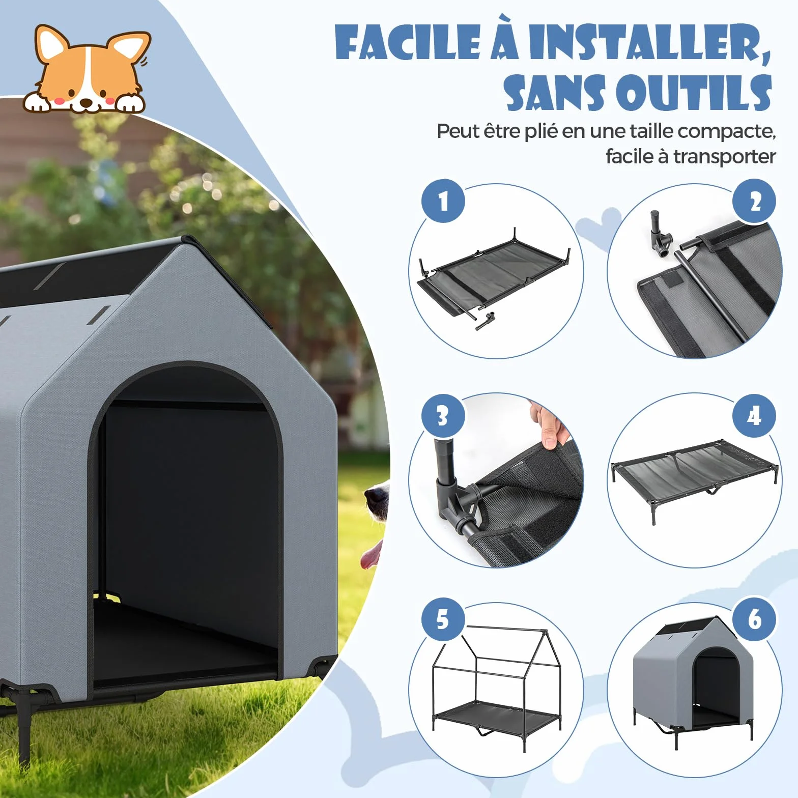 COSTWAY Chenil pour Chien 2 en 1 75x110x106 cm Tissu Oxford Fenêtre Ventilée Housse Amovible Base Surélevée 40 kg