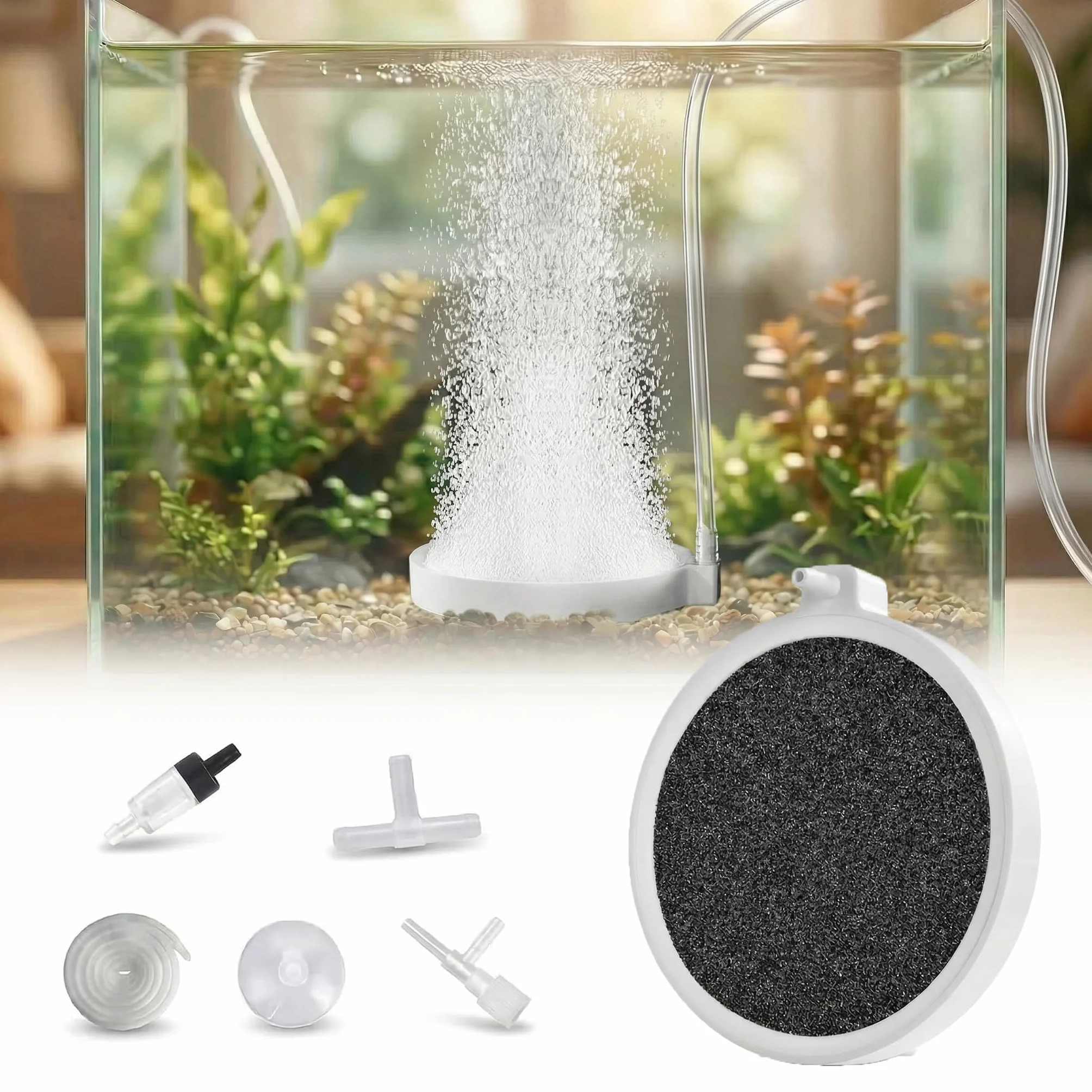 Diffuseur d'air Aquarium 6 pièces – Pierre à air Nano Bulles Fines Silencieux – Kit avec Tuyau 2 m, Clapet Anti-Retour, Valve Réglable