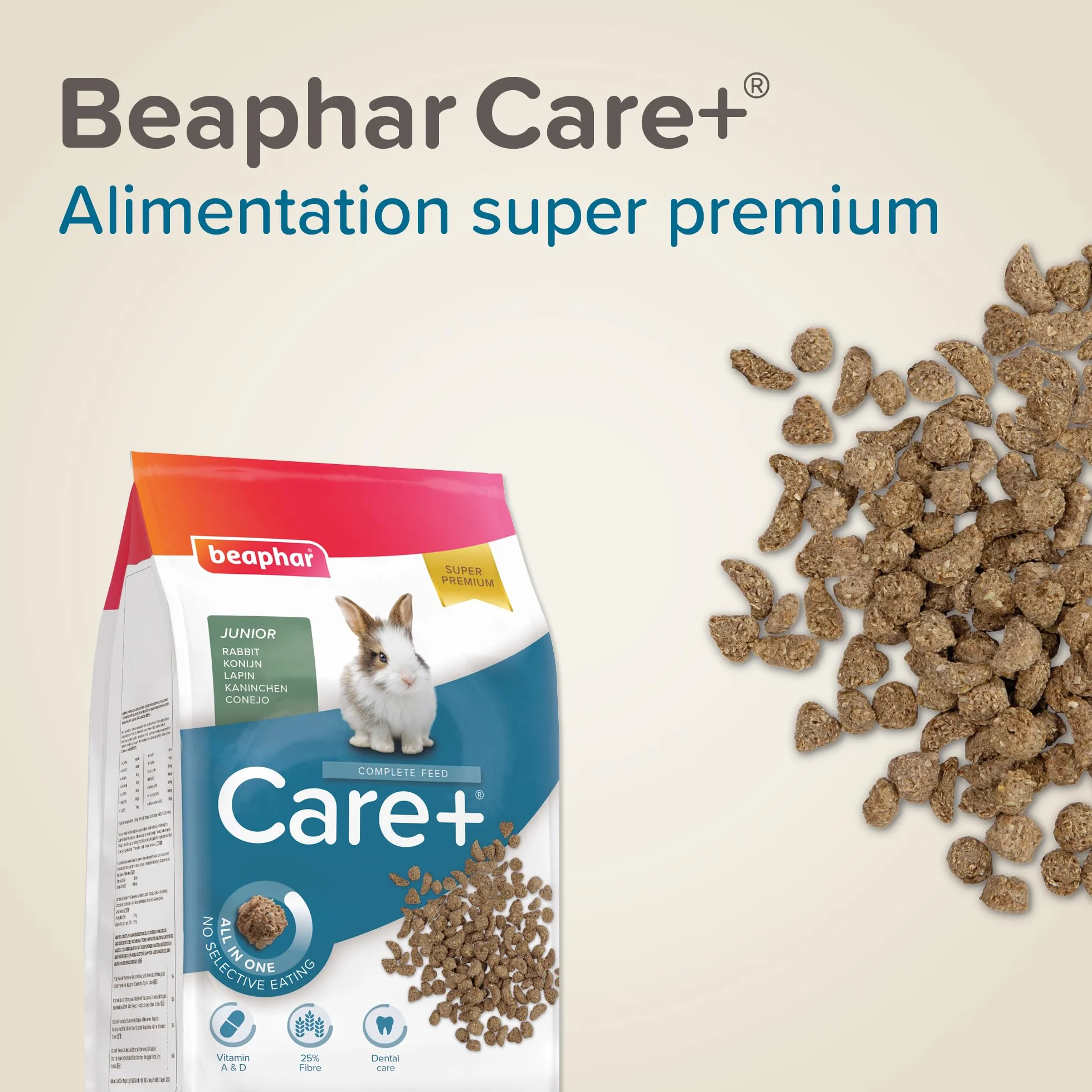BEAPHAR Care+ Alimentation Super Premium extrudée pour Lapin Junior 25% Fibres 1.5 kg