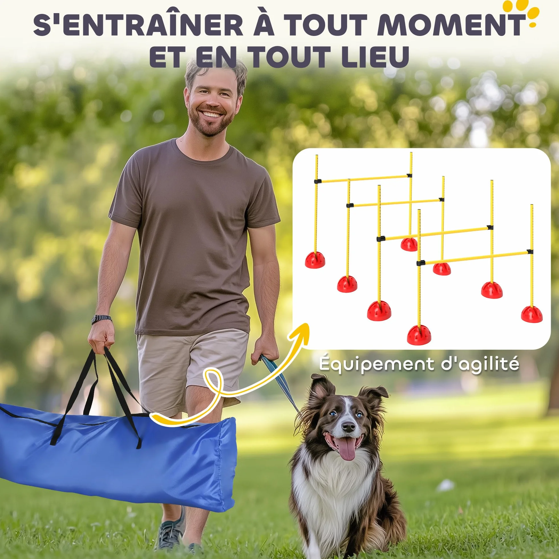 PawHut Kit d'Agilité pour Chien avec 4 Haies de Saut Réglables, Sac de Transport, Jaune et Orange