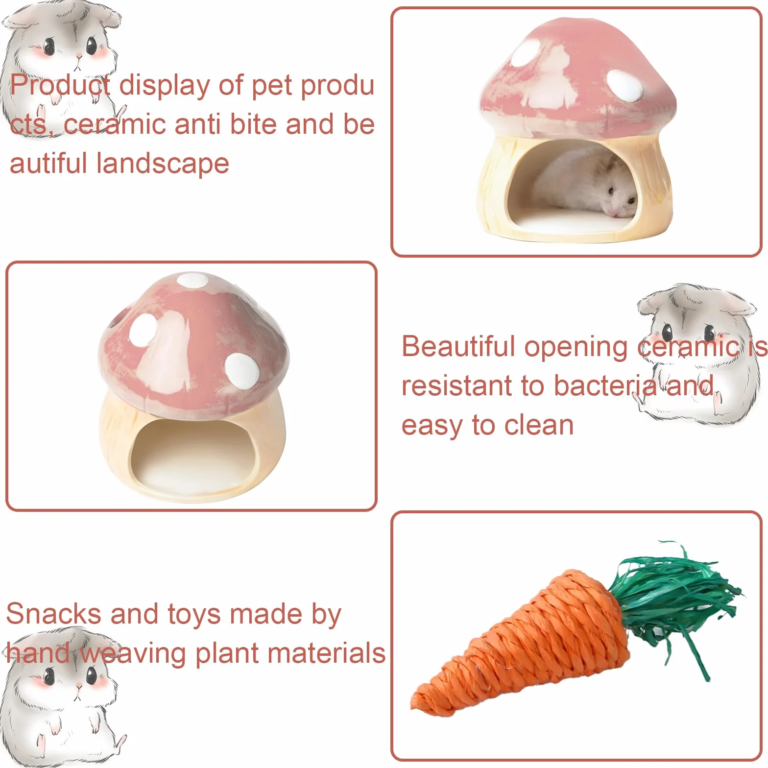 Nizirioo Niche unique en céramique pour hamster : cachette durable pour hamster, cabane et jouet dentaire, tunnel en forme de champignon, grandes entrées pour gerbilles, souris, chinchillas (rose)