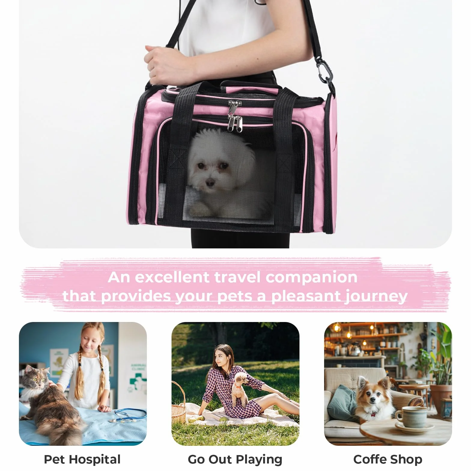 Sac de Transport pour Chat et Chien 5.5 kg Pliable avec Bandoulière Réglable et Matelas Souple Lavable Rose 40x25x25cm
