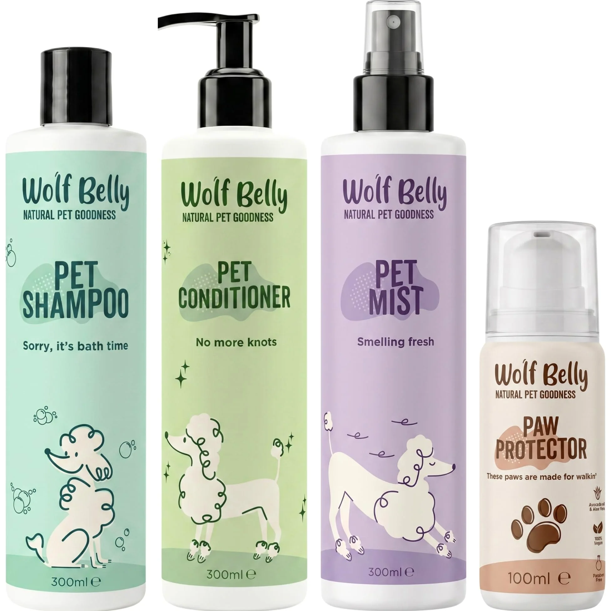 Wolf Belly - Pack Hygiène et Soin Complet pour Chiens et Chats | Shampoing + Après shampoing + Brume + Baume Coussinets | Aloe Vera 99%, Végan et Hypoallergénique - Fabriqué en UE
