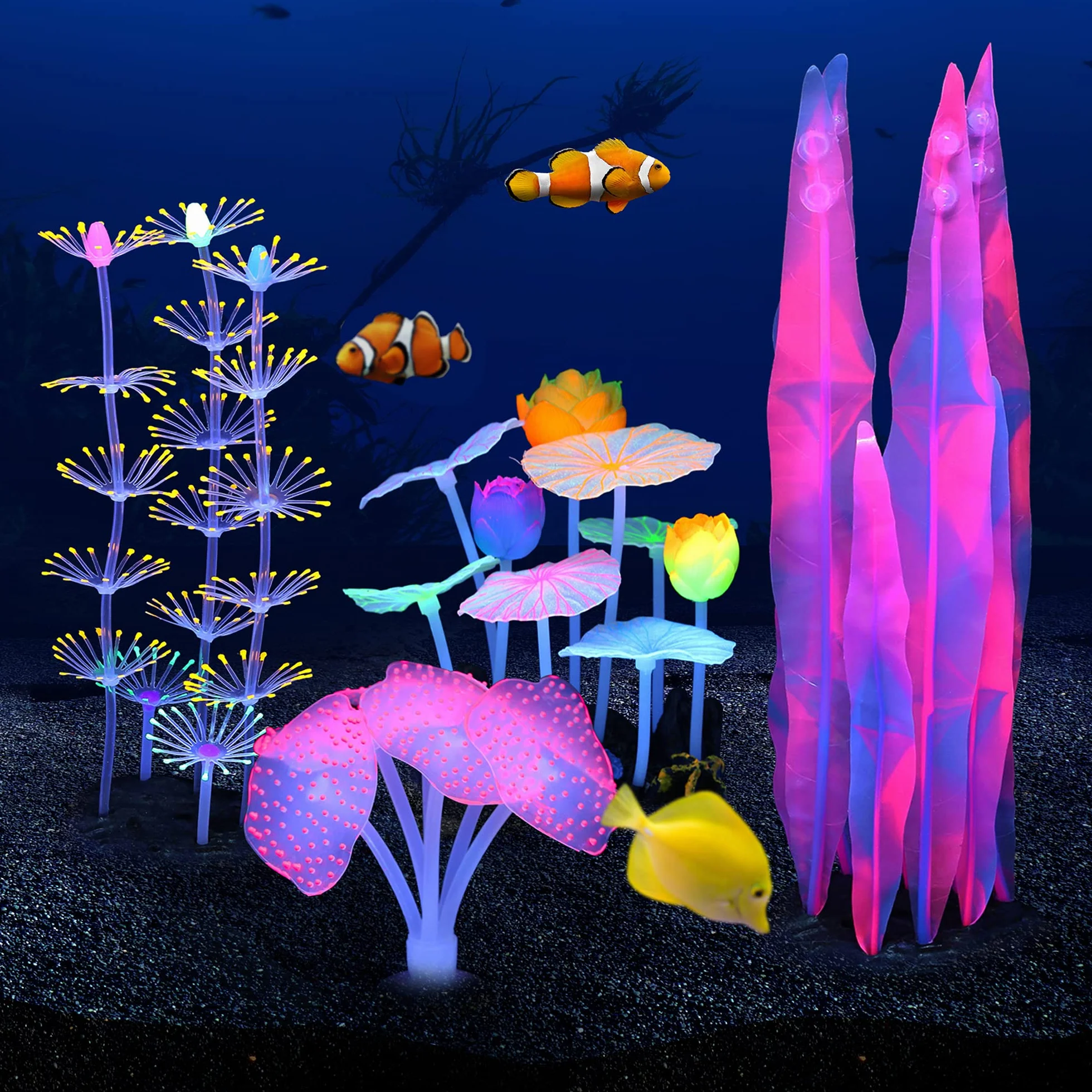 Lot de 4 plantes lumineuses pour aquarium corail lotus varech anémone