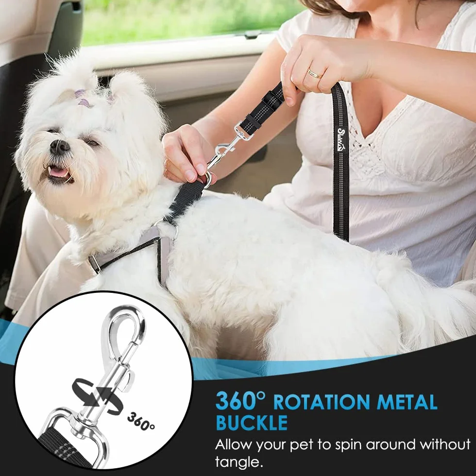 SlowTon Lot de 2 ceintures de sécurité pour chien pour voiture, réglables avec élastique amortisseur, laisse de voiture 2 en 1 pour animal domestique, attache de sécurité réfléchissante (noir,