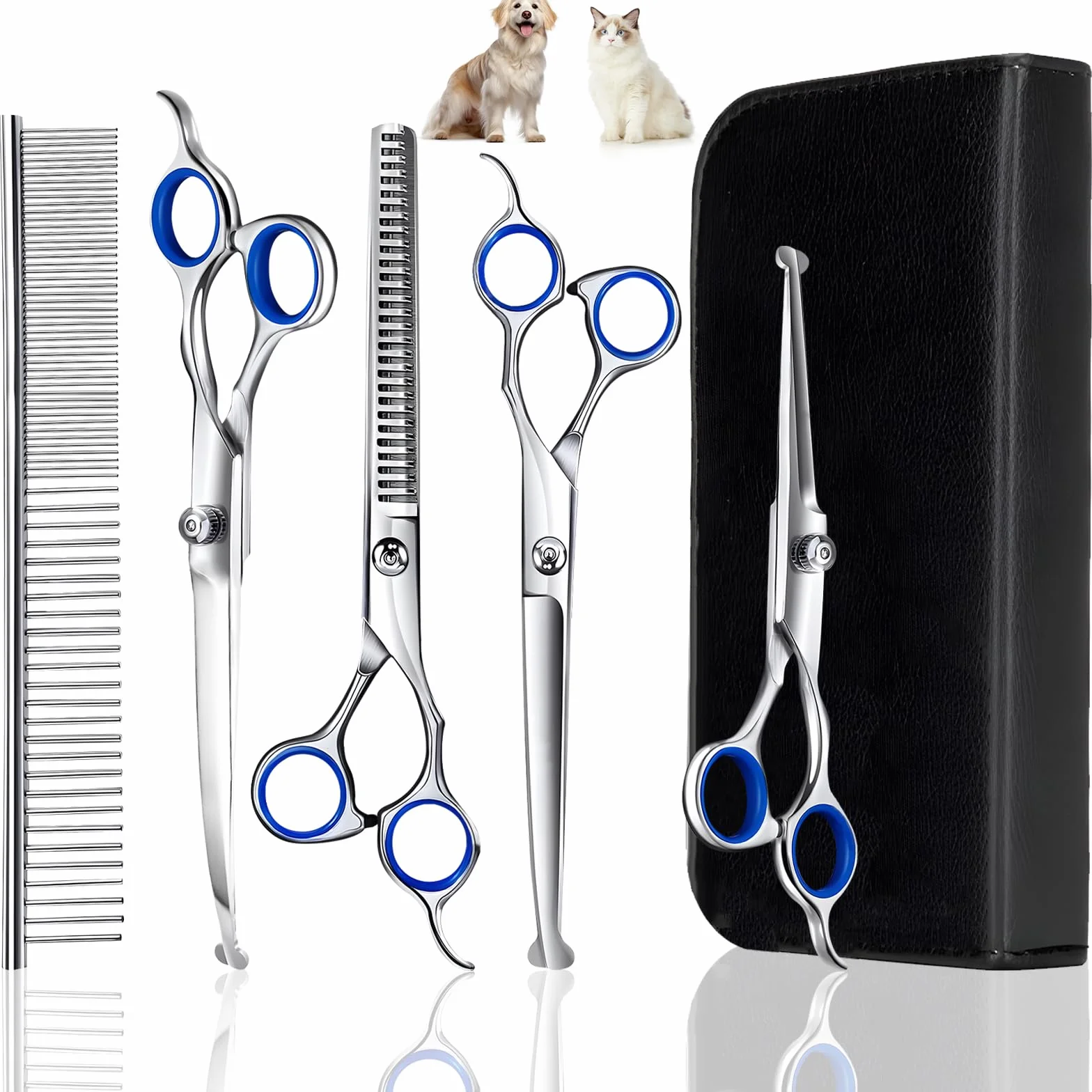 Ciseaux de Toilettage pour Chiens, Acier Inoxydable avec Pointe Ronde de Sécurité, y Ciseaux à Effiler Chien, Ciseaux Courbes Chien, Ciseaux Droits, Peigne, pour Chiens Chats