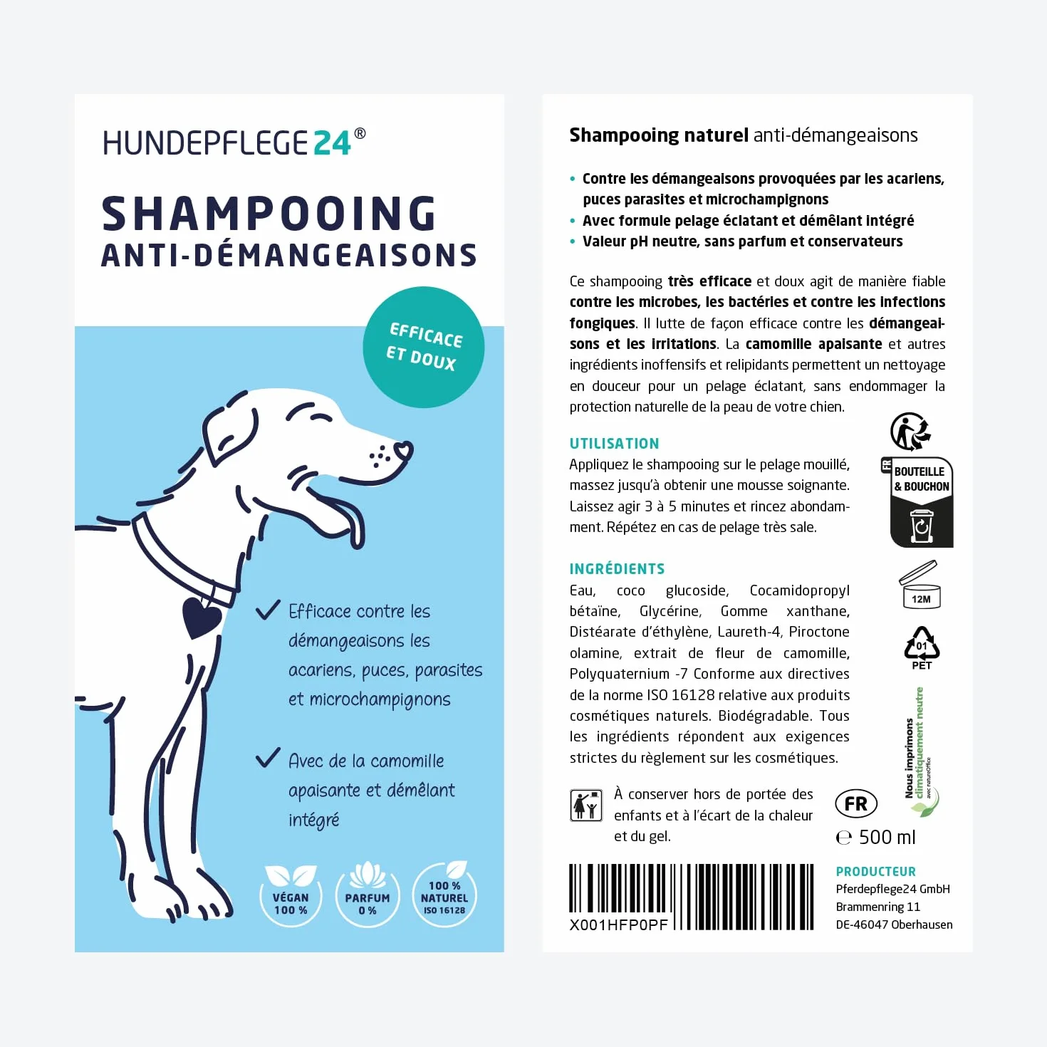 Shampooing Chien Antidémangeaison 500ml - Aide Contre Les démangeaisons, acariens, puces & infections fongiques - Shampooing Naturel pour Chien + Nettoyage et Soin antibactérien