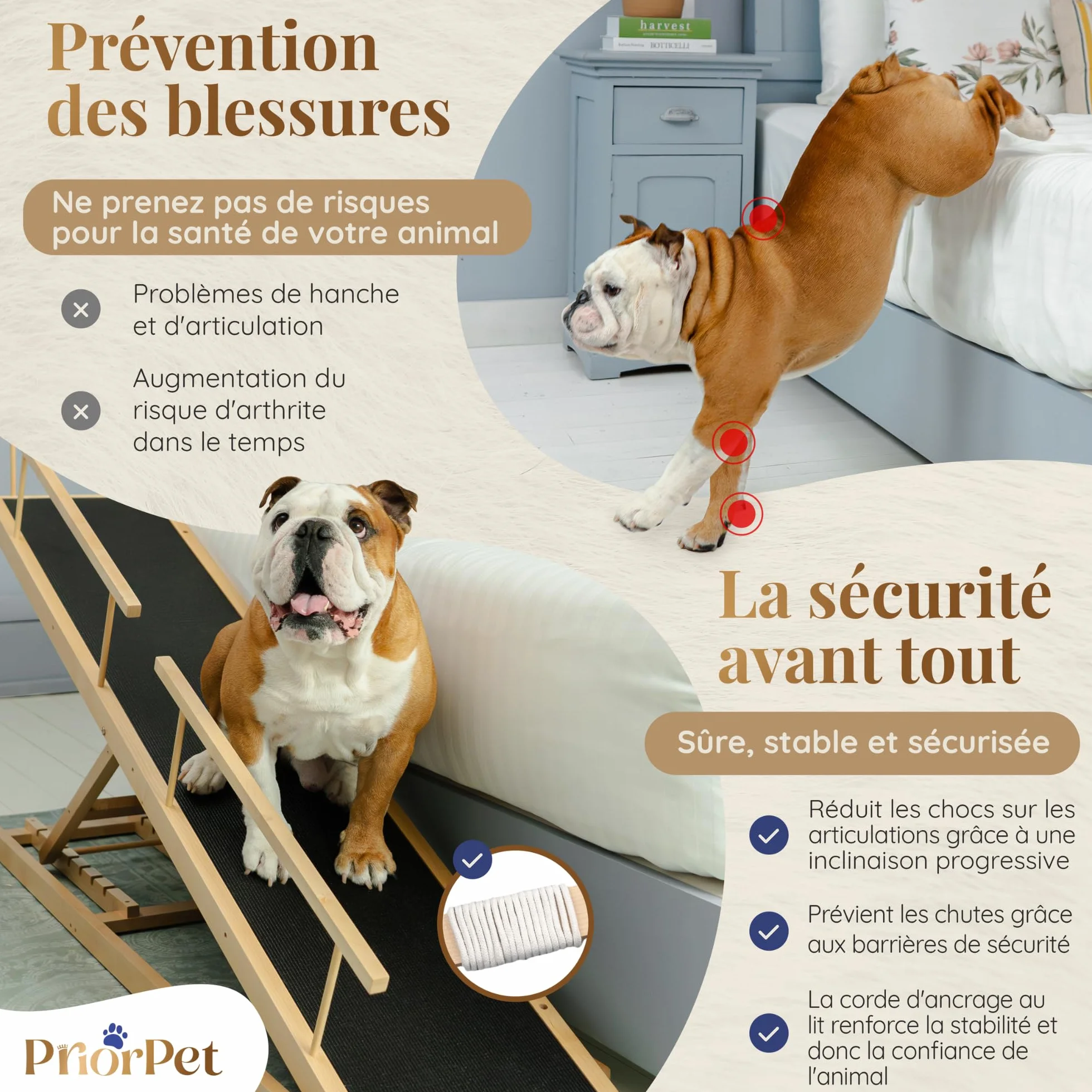 PRIORPET Rampe pour Chien avec Barrières de Sécurité Escalier Pliable Lit Haut 94.5 cm Bois de Bouleau Antidérapante 23kg Naturel