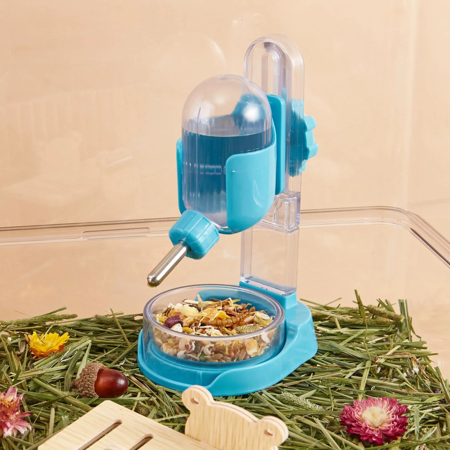 Bouteille d'eau pour Hamster 100 ML avec Support et Bol de Nourriture, Bleu