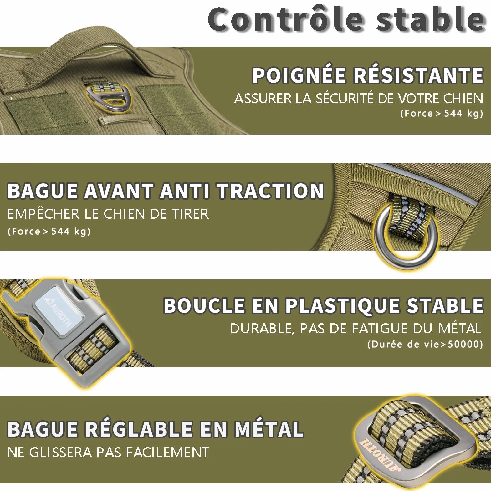 Harnais de Chien Anti Traction Tactique Respirant Réglable Taille L Brun Vert