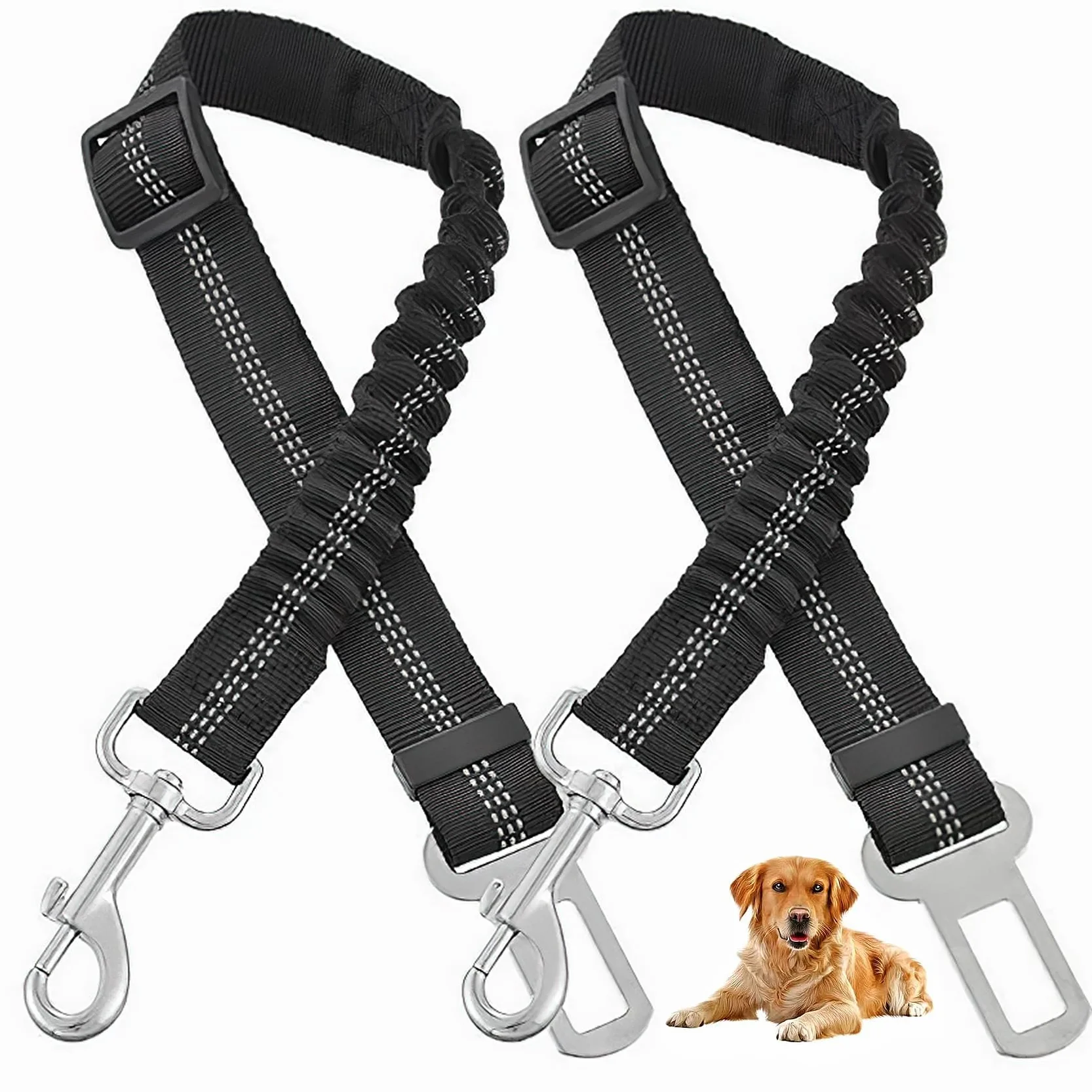 2pcs Ceinture de Sécurité pour Chien,Harnais Universel avec Mousqueton,Absorption des Chocs,Réglable,Noir,pour Tous Les Chiens et Chats