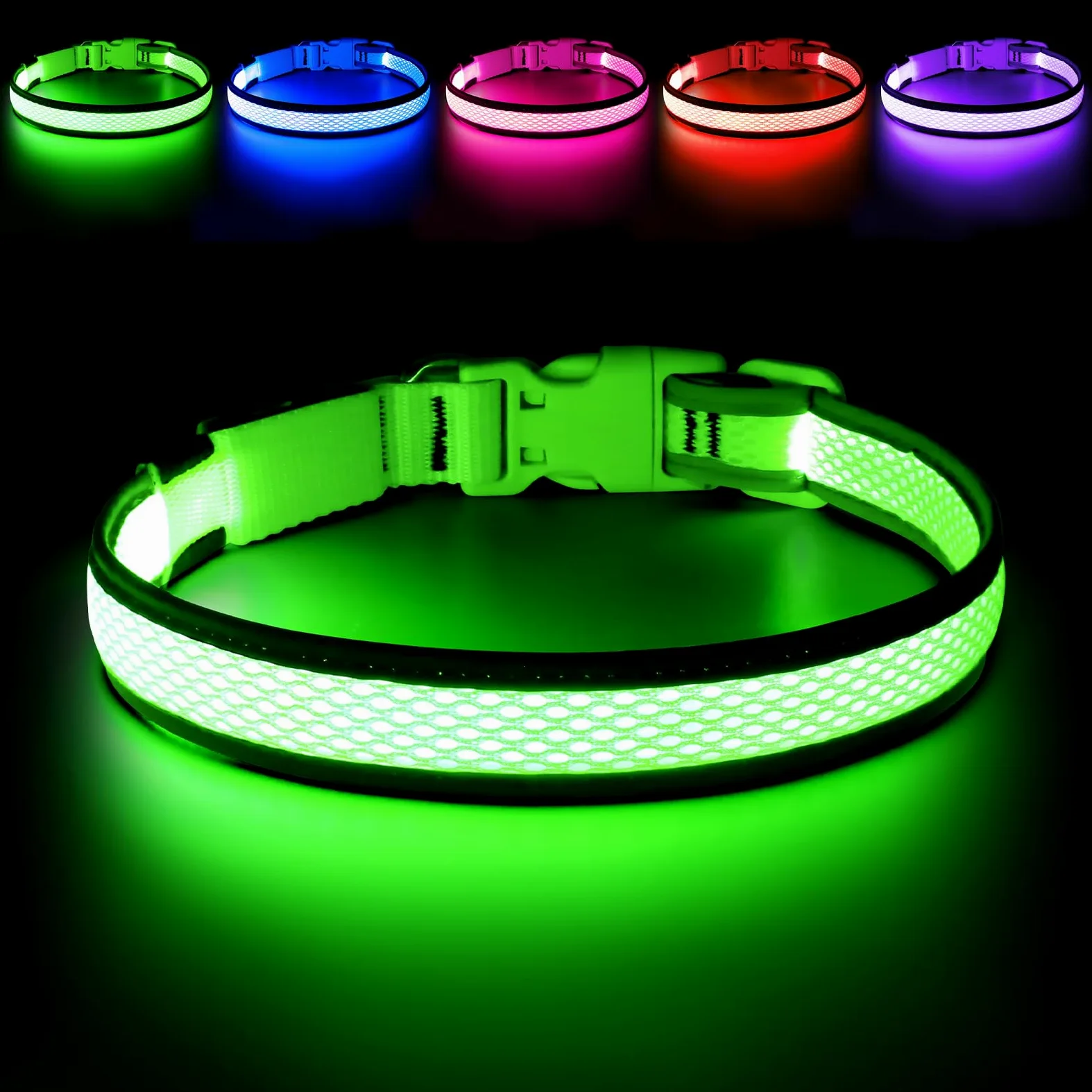 Flashseen Collier lumineux pour chien à LED rechargeable par USB, vert, taille M | Collier lumineux super lumineux pour chien, maille respirante, collier lumineux pour promenade nocturne du chien
