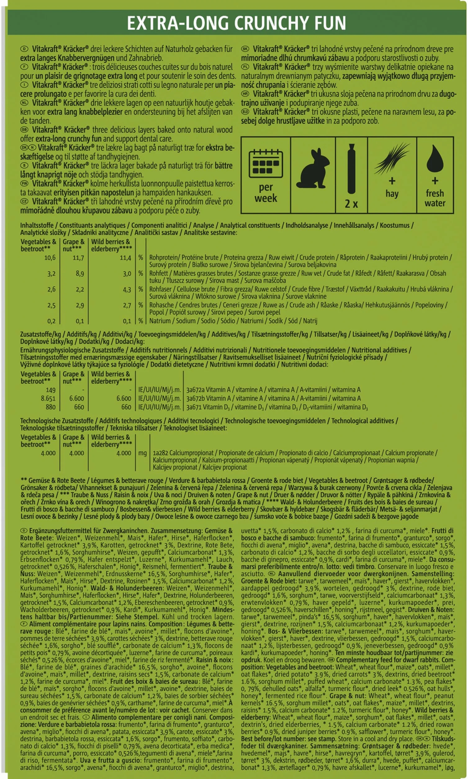 VITAKRAFT- Kräcker Mix, Snack Pour Rongeurs, Pour Lapins Nains, Aux Légumes Et Betterave Rouge, Au Raisin Et Aux Noix, Aux Baies Des Bois Et Sureau, Sans Ajout De Sucre Ni De Céréales (10X168G)