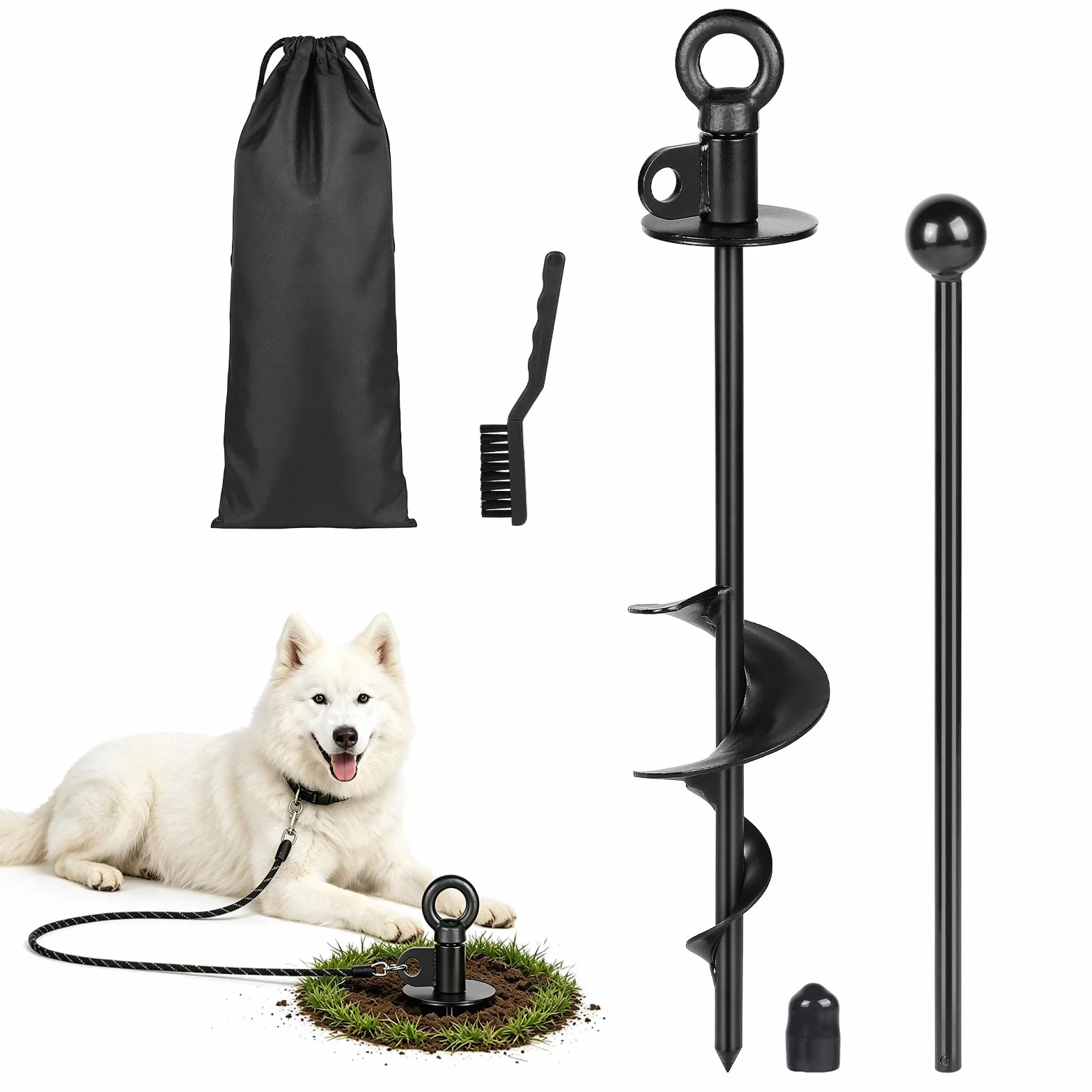 Piquet d'attache pour Chien Noir 38cm avec Anneau Rotatif 360°, pour Chiens Moins de 100kg, avec Brosse et Levier