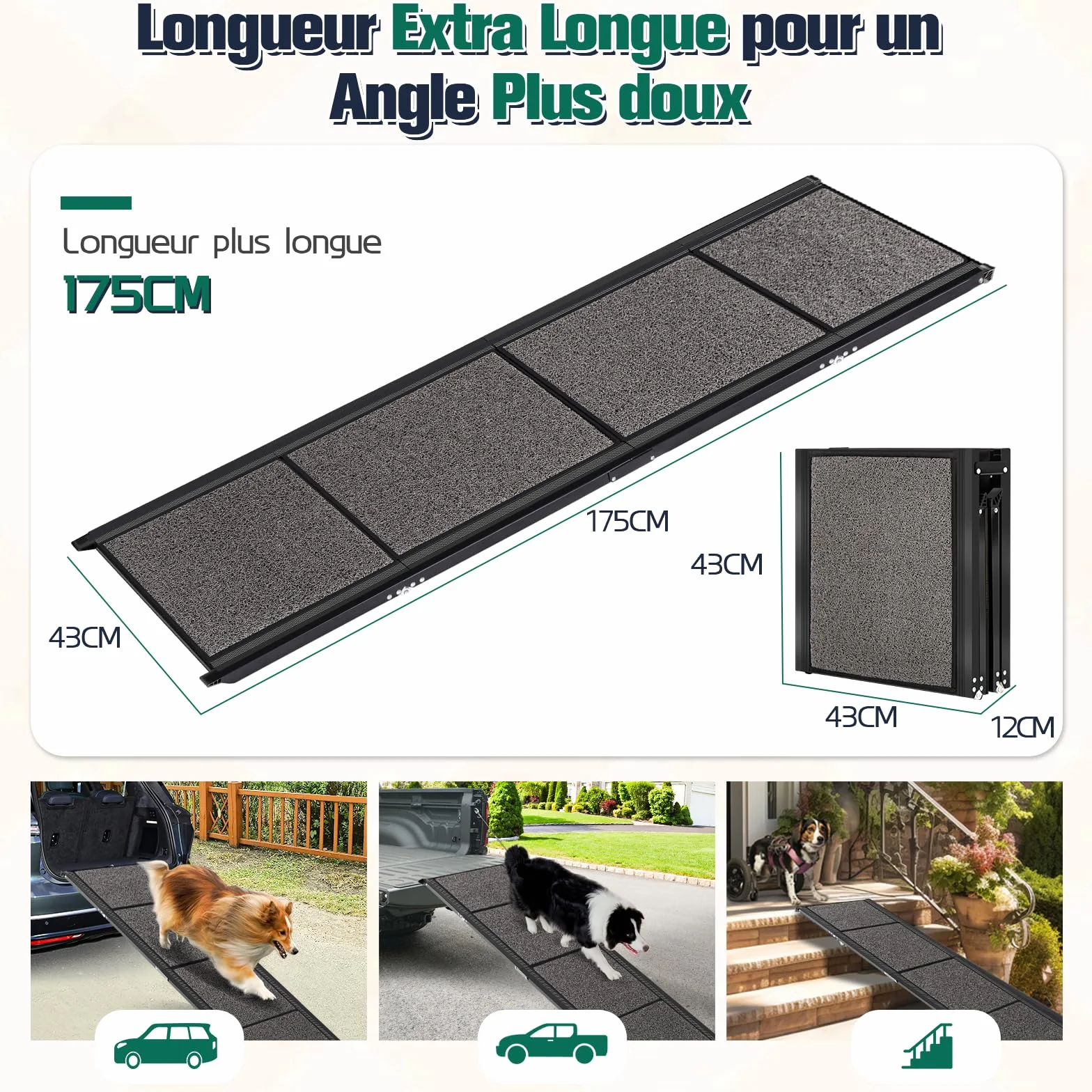 Rampe pour Chien Voiture Pliable Extra Longue 175cm, Rampes D'Accès Voiture pour Chien avec Surface Antidérapante, Échelle De Voiture Pliante Escalier pour Grands Chiens, Supporter Un Poids De 115kg