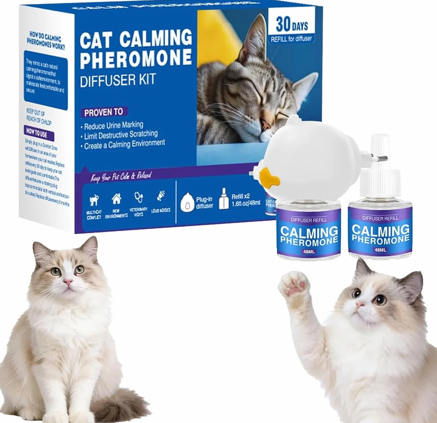 Petwellness Diffuseur Chat Chien Réducteur Stress avec Recharges, Stop Bagarres Sifflements Marquage Urinaire (2 Bouteilles)