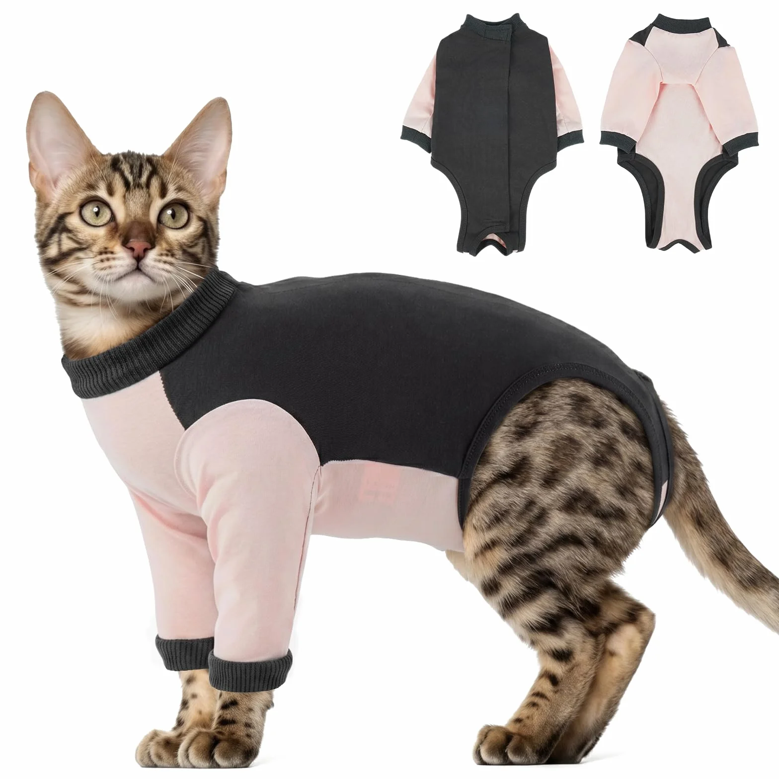 Body Chat Anti Léchage Coton Doux Élastique Vêtement Protection Plaies Abdominales Manches Longues Rose poudré XL