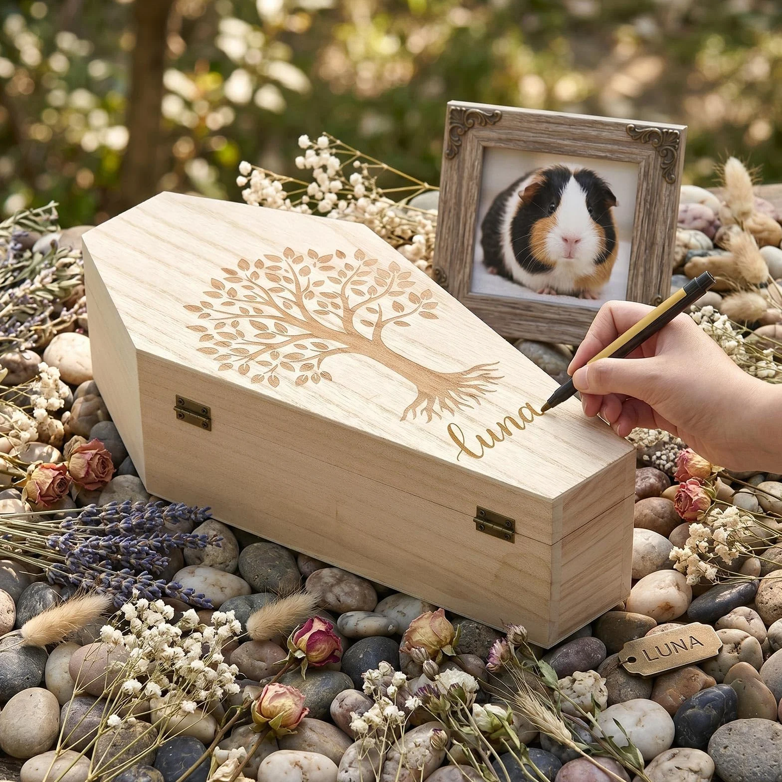 Jetec Cercueil Animaux Bois 37,5x16,5x7cm Gravure Arbre de Vie Marqueur Doré Hommage Digne Hamster Oiseau Serpent Lézard Souris Urne Funeraire Souvenir