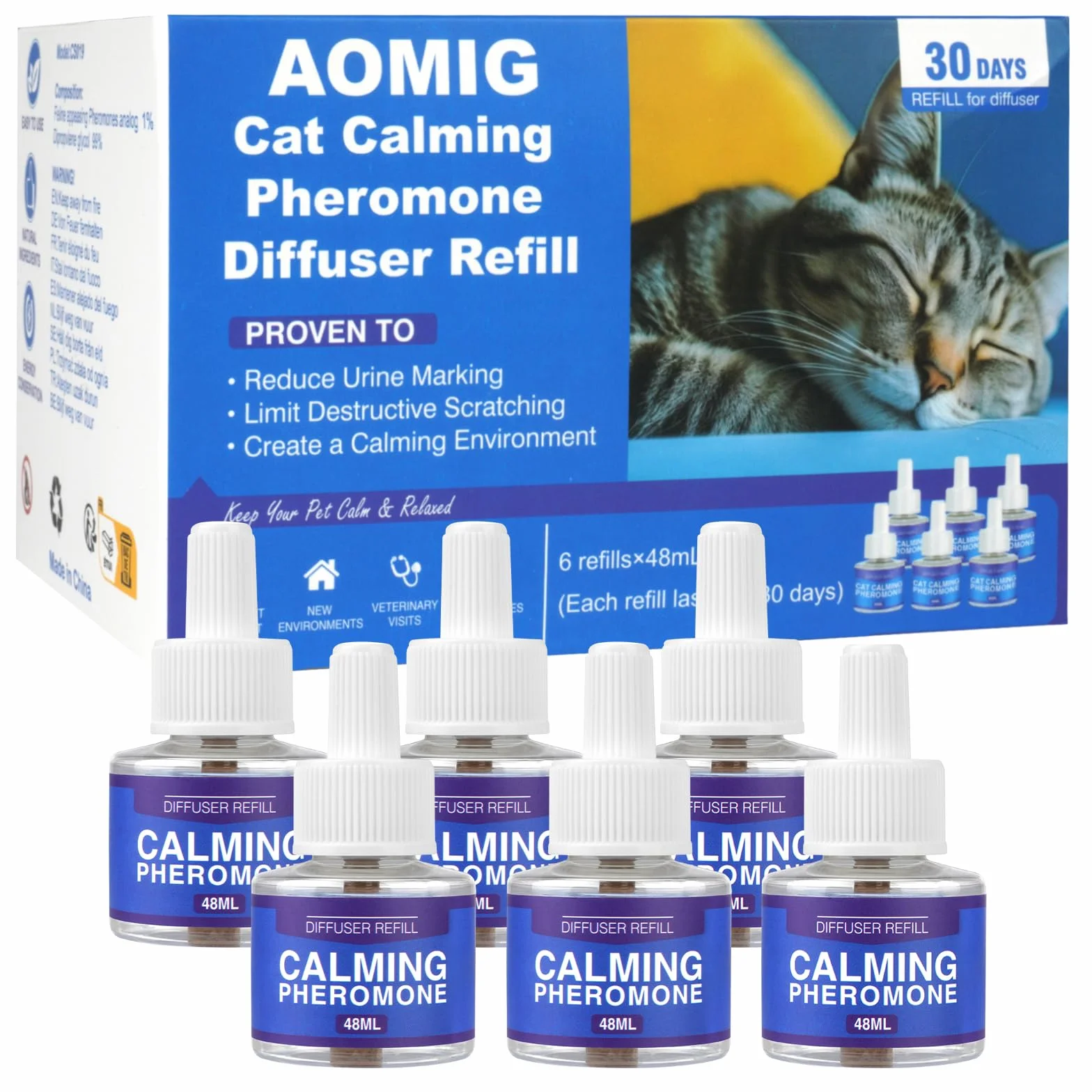 Aomig Pets Recharge Diffuseur pour Chats Lot de 6 x 48ml, Phéromones Calmant
