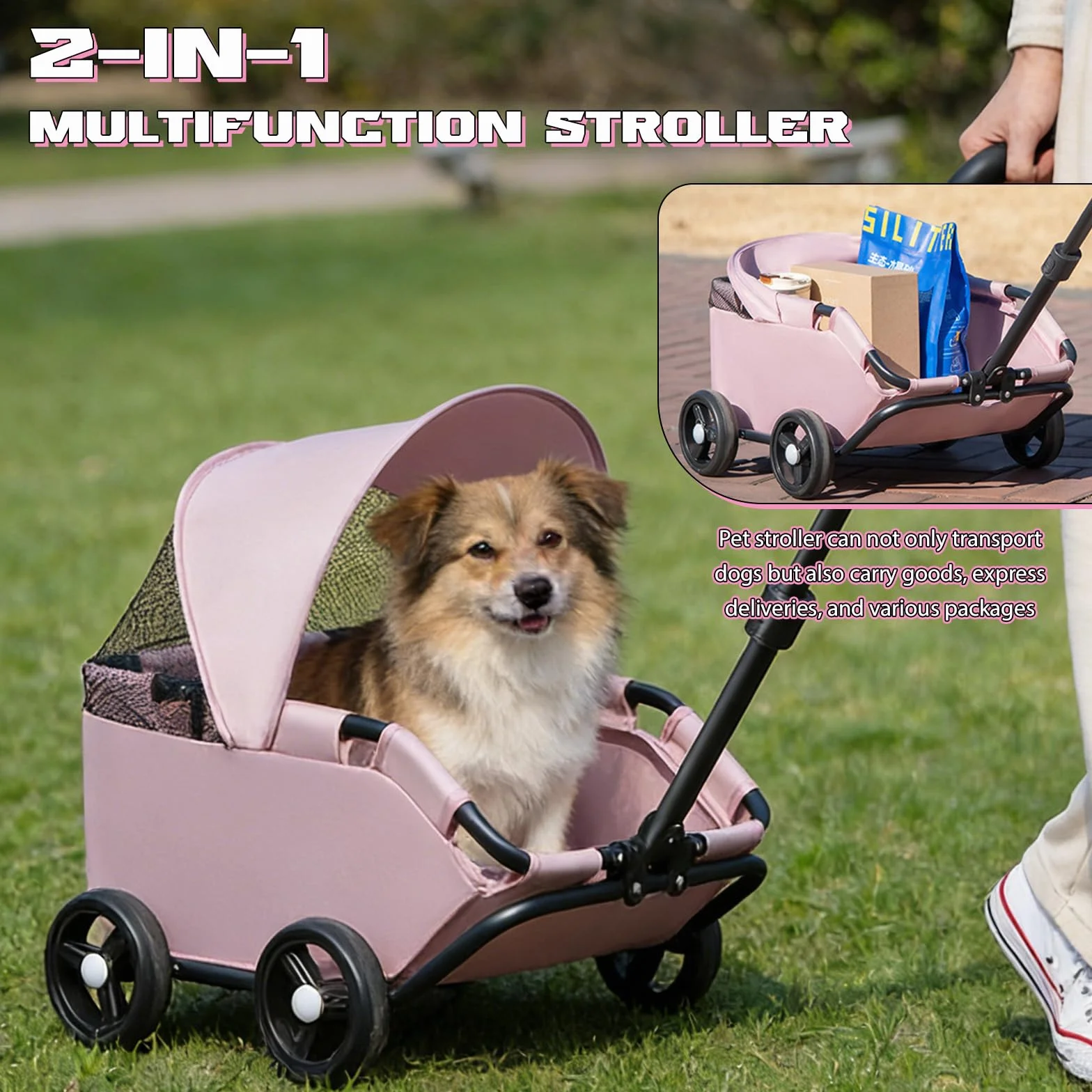 Chariot pour chien pliable 4 roues barre pivotante 360° Tissu Oxford 600D rose