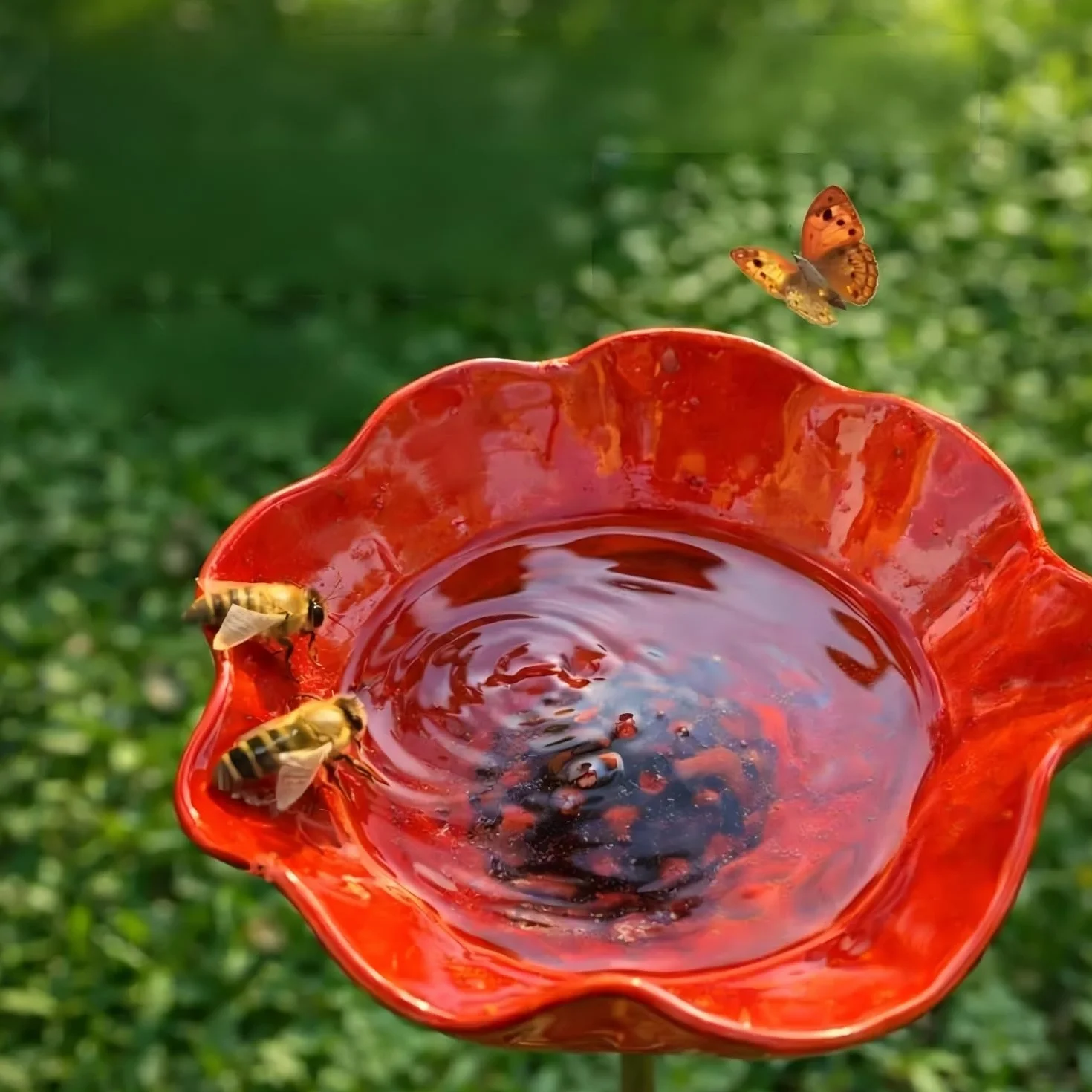 Bain d'Oiseaux sur Tige en Métal, Abreuvoir Fleur pour Oiseaux Extérieur, Fontaine avec Point d'Eau pour Abeilles, Décor Jardin Métal 65 cm