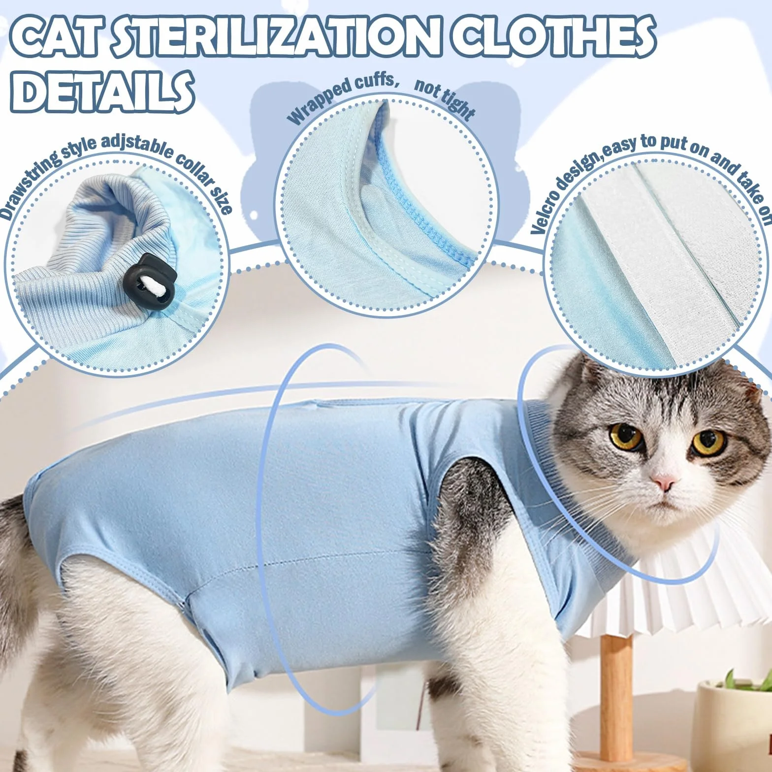 Gilet de Récupération pour Chat 2-4kg, Body Post-Opératoire Femelle, Bleu