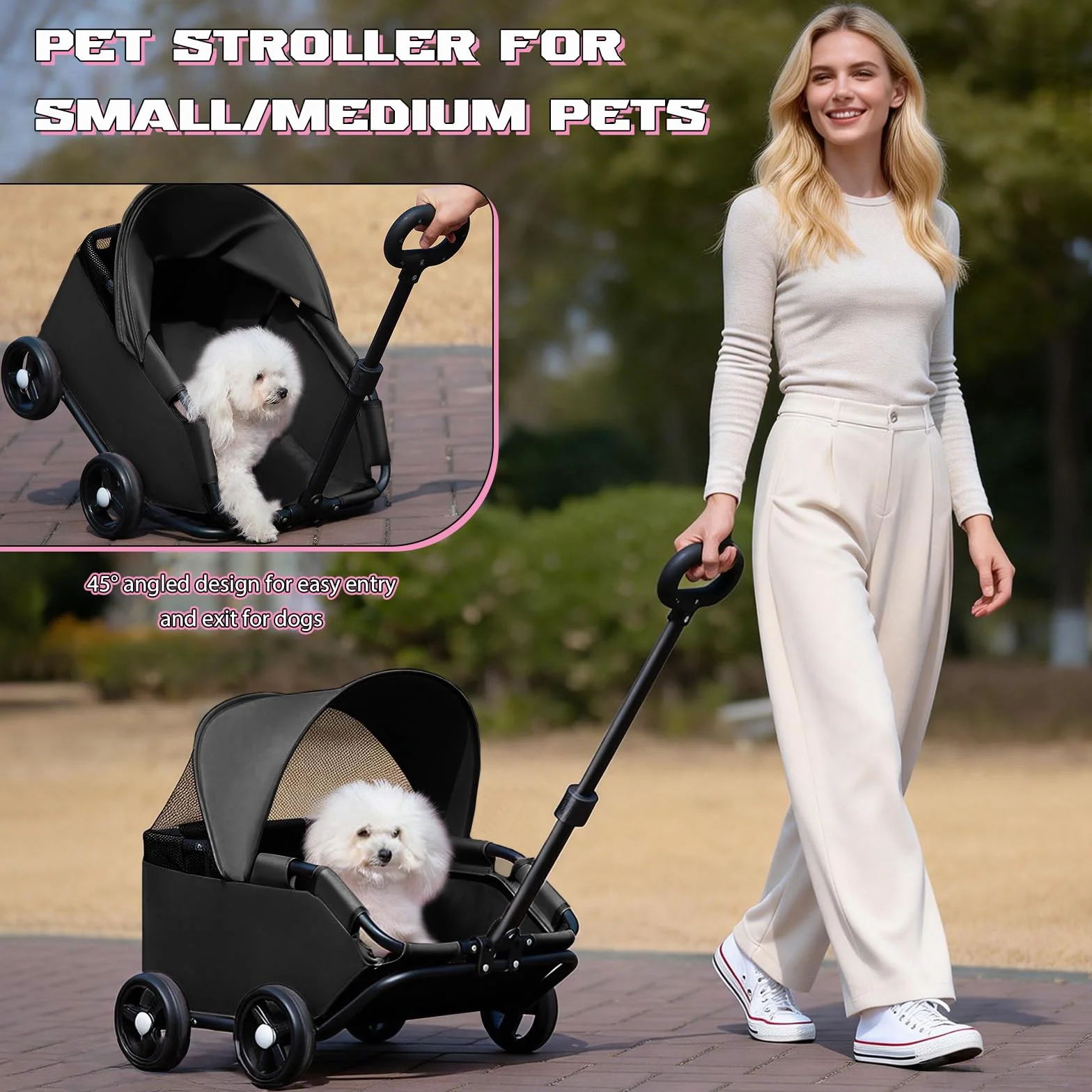 Chariot Pliable pour Chien 4 Roues avec Barre Pivotante 360° Poussette pour Chat Visière Solaire Tissu Oxford 600D Noir