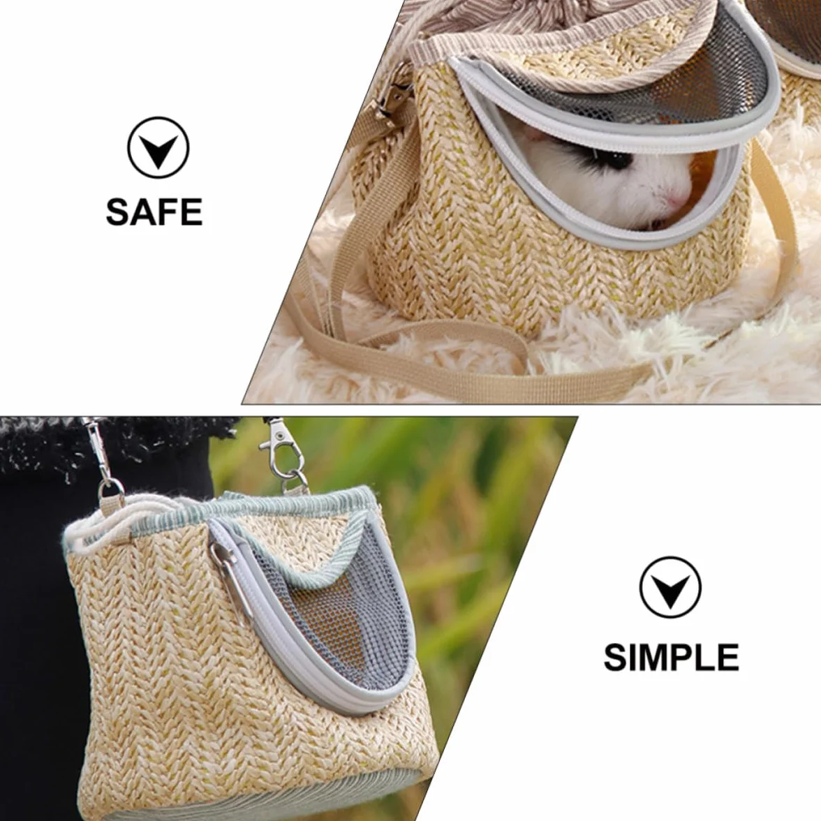 Garneck Transport Paquet pour Petits Animaux avec Fermeture Éclair en Paille Flanelle et Maille