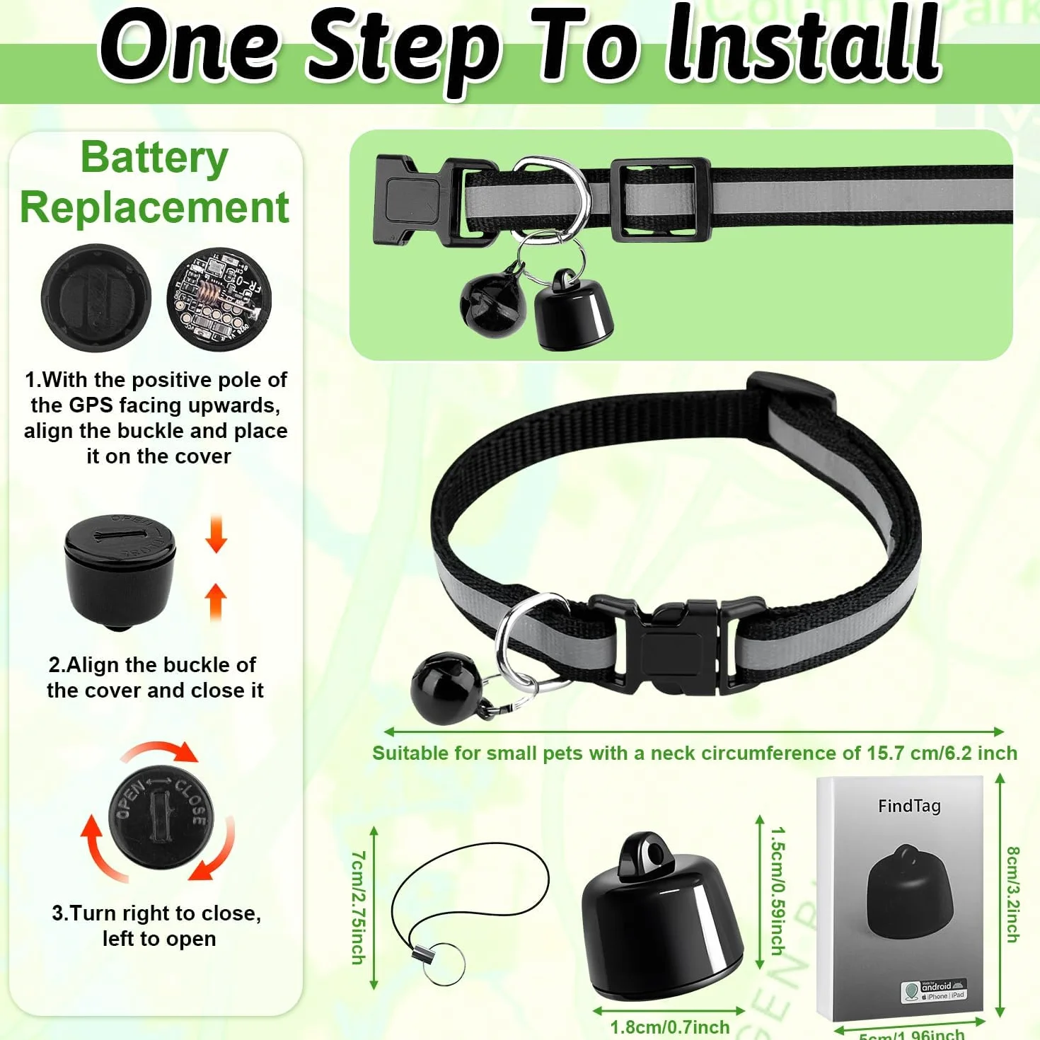 Traceur GPS Chat Chien, Collier GPS Compatible iOS Android, sans Abonnement ni Carte SIM, Étanche Animaux Clés Bagages Véhicules