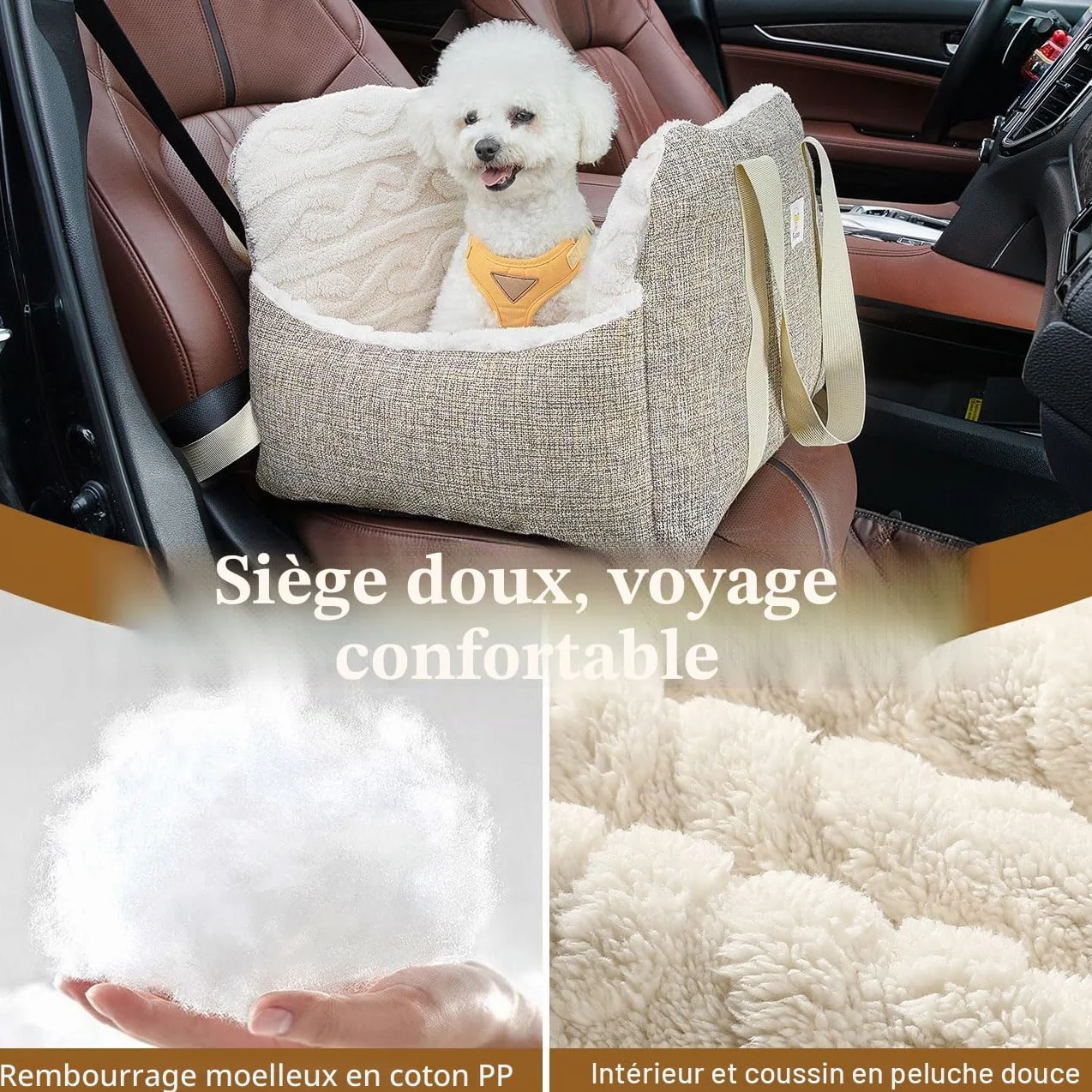 Siège d'Auto pour Petit Chien avec Boucle de Fixation et Laisse de Sécurité, Sac de Transport Rembourré jusqu'à 25 Livres, Brun + Beige