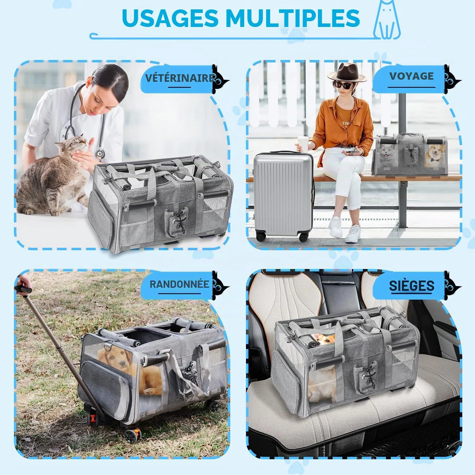 Sac à roulettes pour Chat Chien Pliable Transporteur Roulant, Sac de Transport Chats Poignée Télescopique Bandoulière pour 2 Chats et Petits Chiens jusqu'à 20 kg, Design ventilé