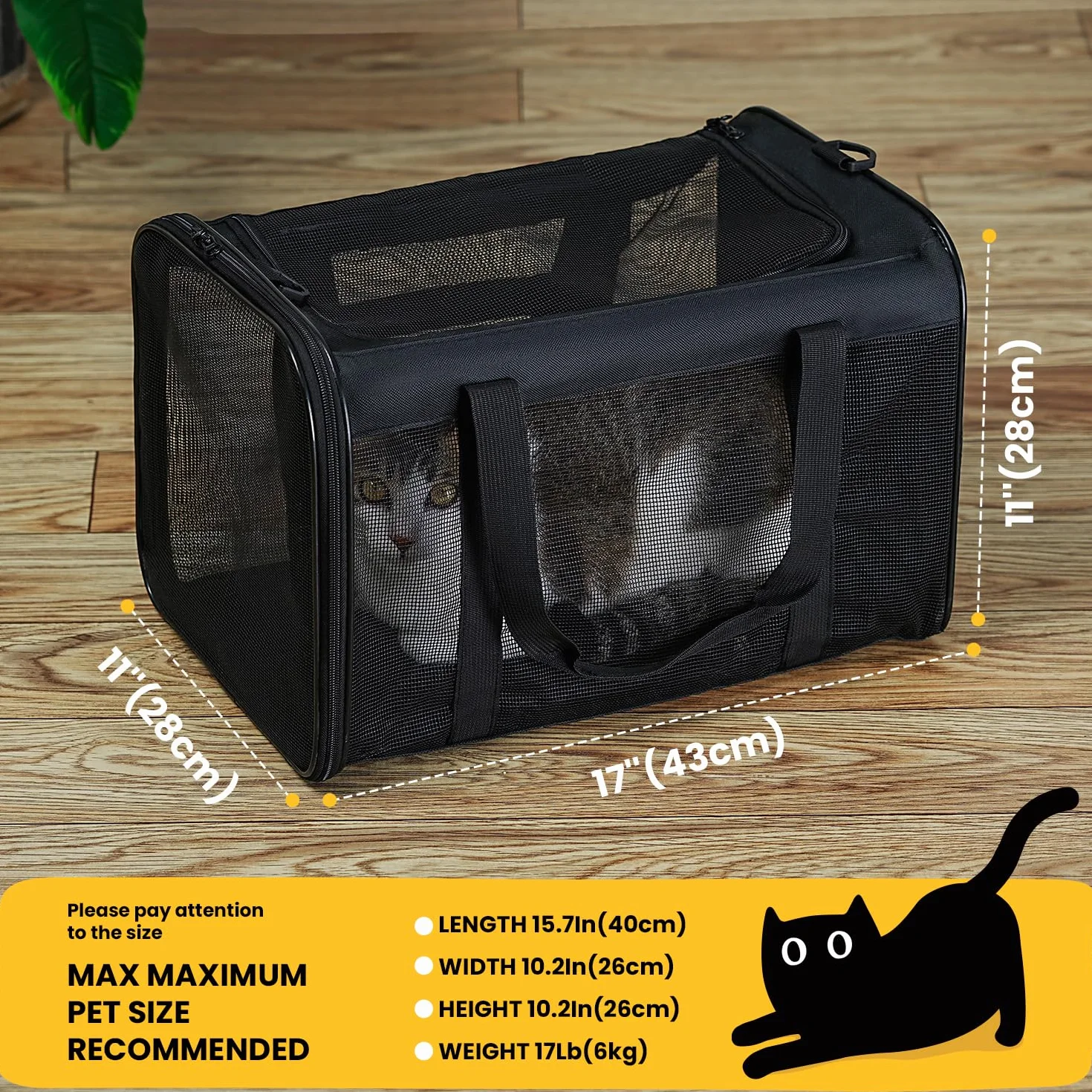 Sac Transport Chat Voyage Approuvé Compagnies Aériennes pour Chien Chat Chiot Jusqu'à 6 Kg Pliable Noir
