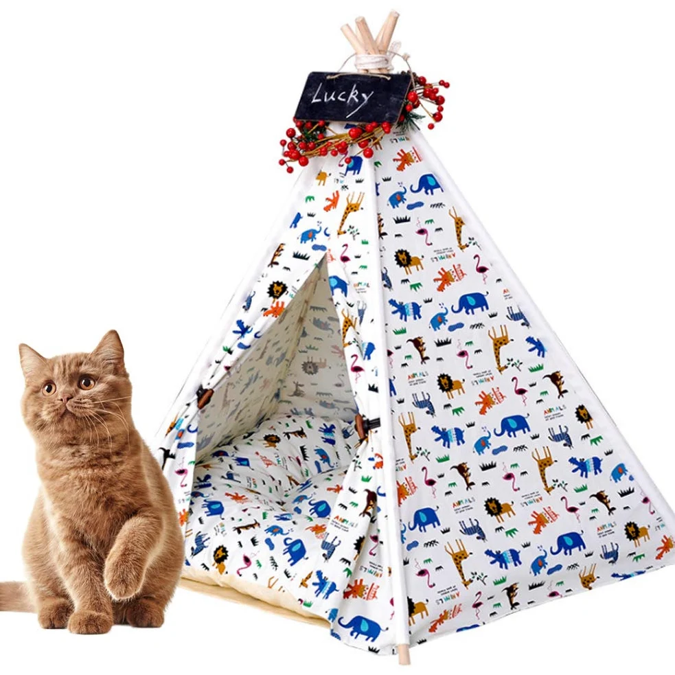 Tee-Shirt De Chien Tipi De Chat, Pet Tipe Chien Lit De Chat De Chiot, Maisons De Tentes pour Animaux De Compagnie Portables, Toile De Coton Toile De Tipis pour Animaux Domestiques avec Tapis