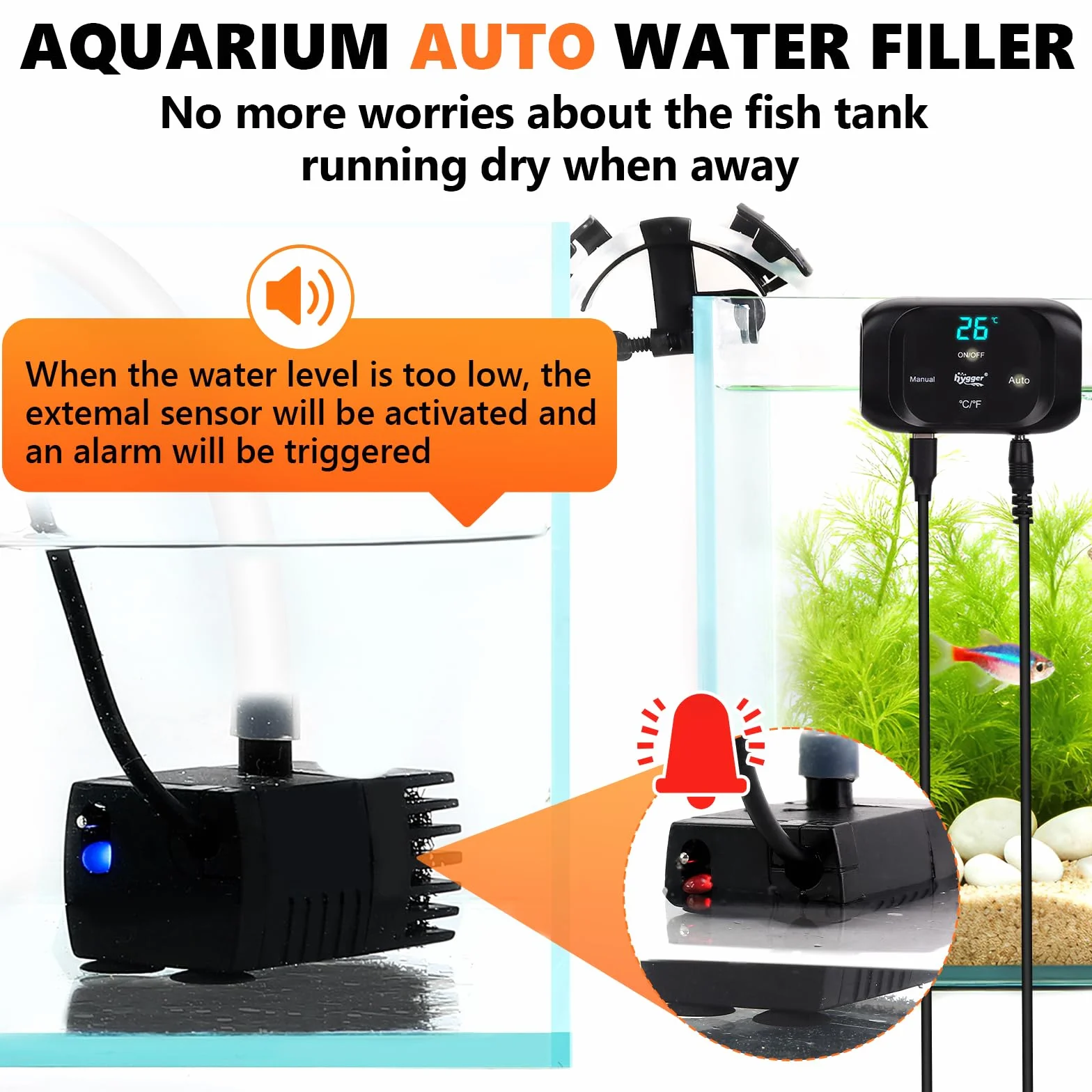 hygger Système de Recharge Automatique ATO pour Aquarium, Contrôleur de Niveau d'Eau Automatique avec Pompe