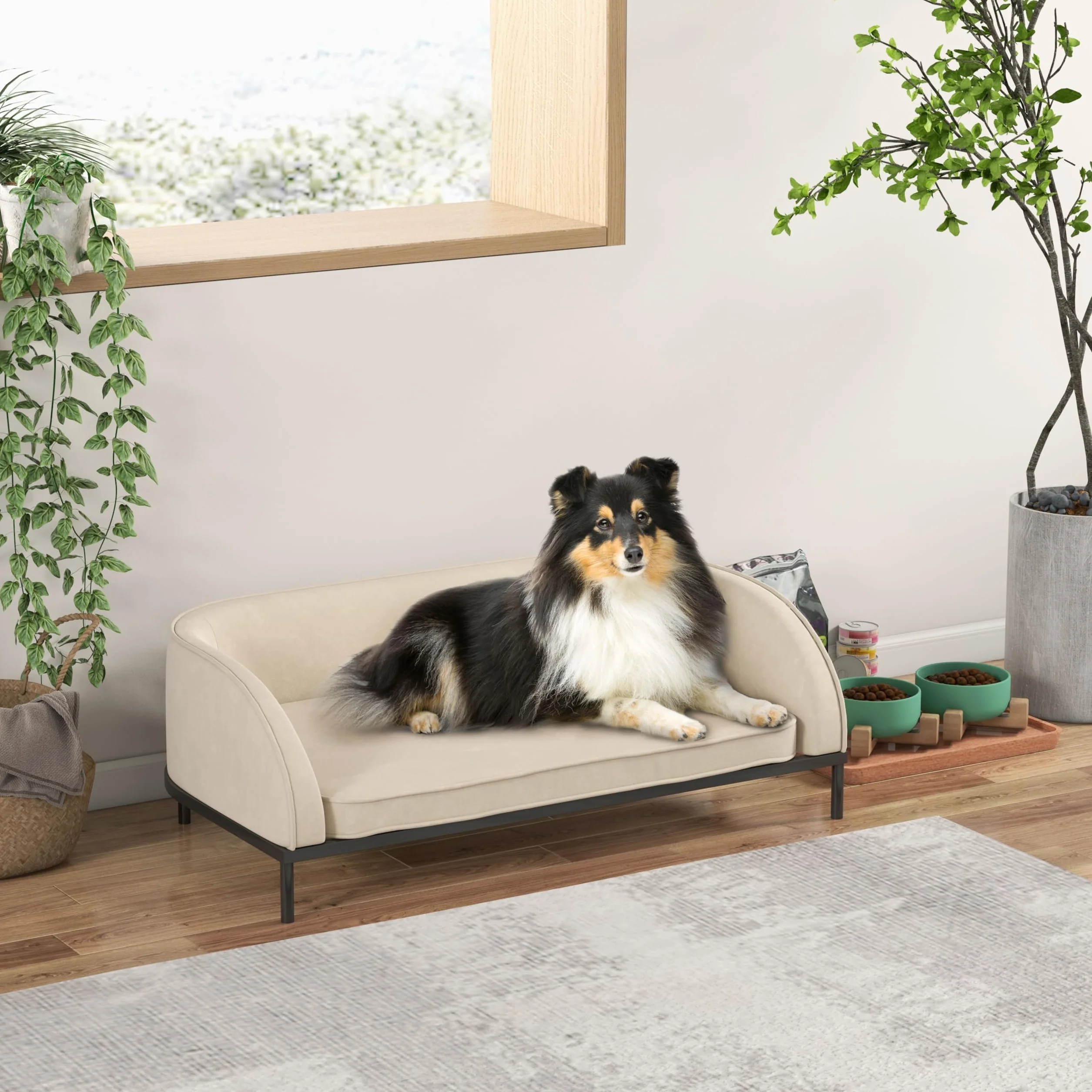 PawHut Canapé pour Chien surélevé 101,5 x 62 x 34,5 cm Coussin déhoussable Pieds Acier Velours Blanc crème Noir